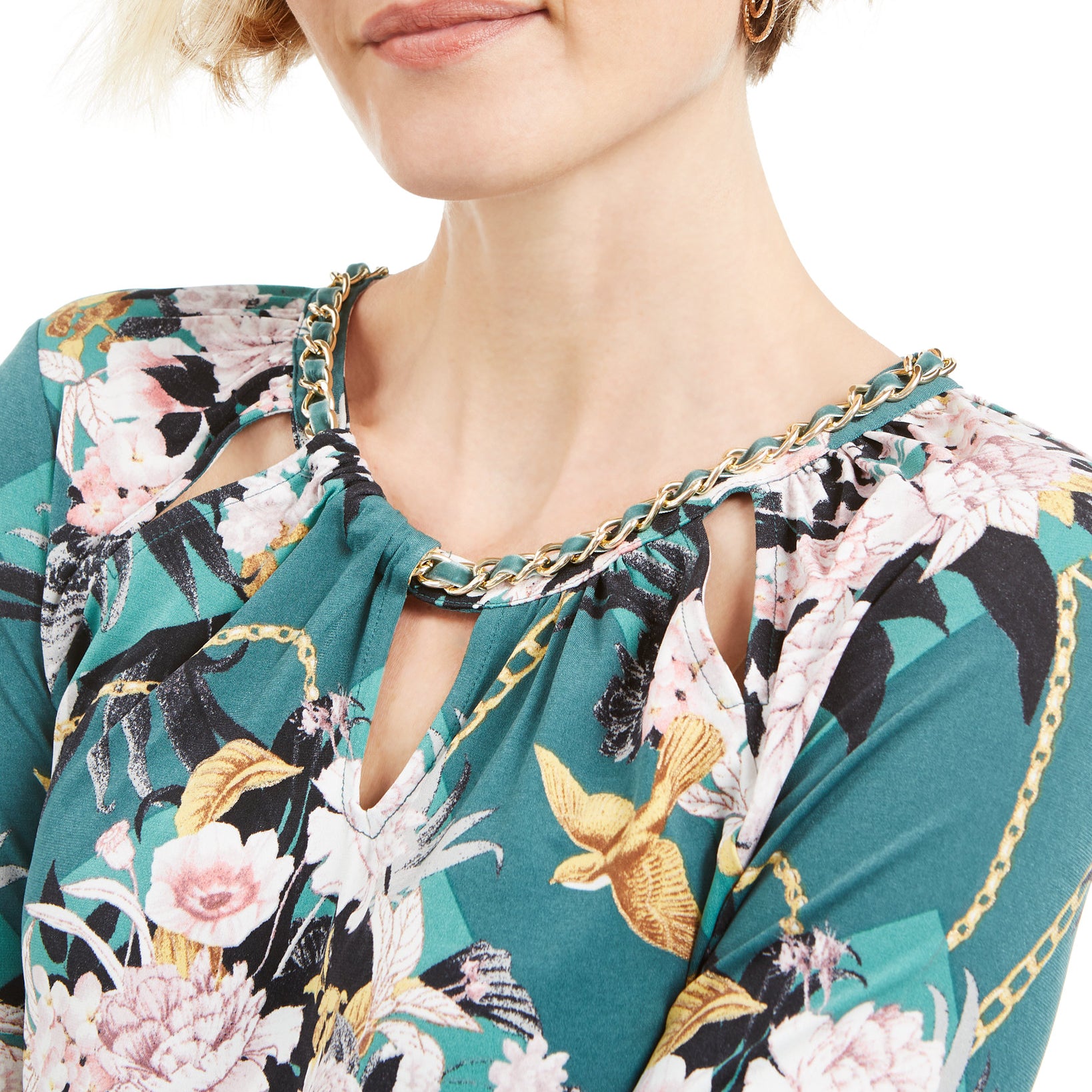 JM Collection Women Petite Printed Chain Neck Top