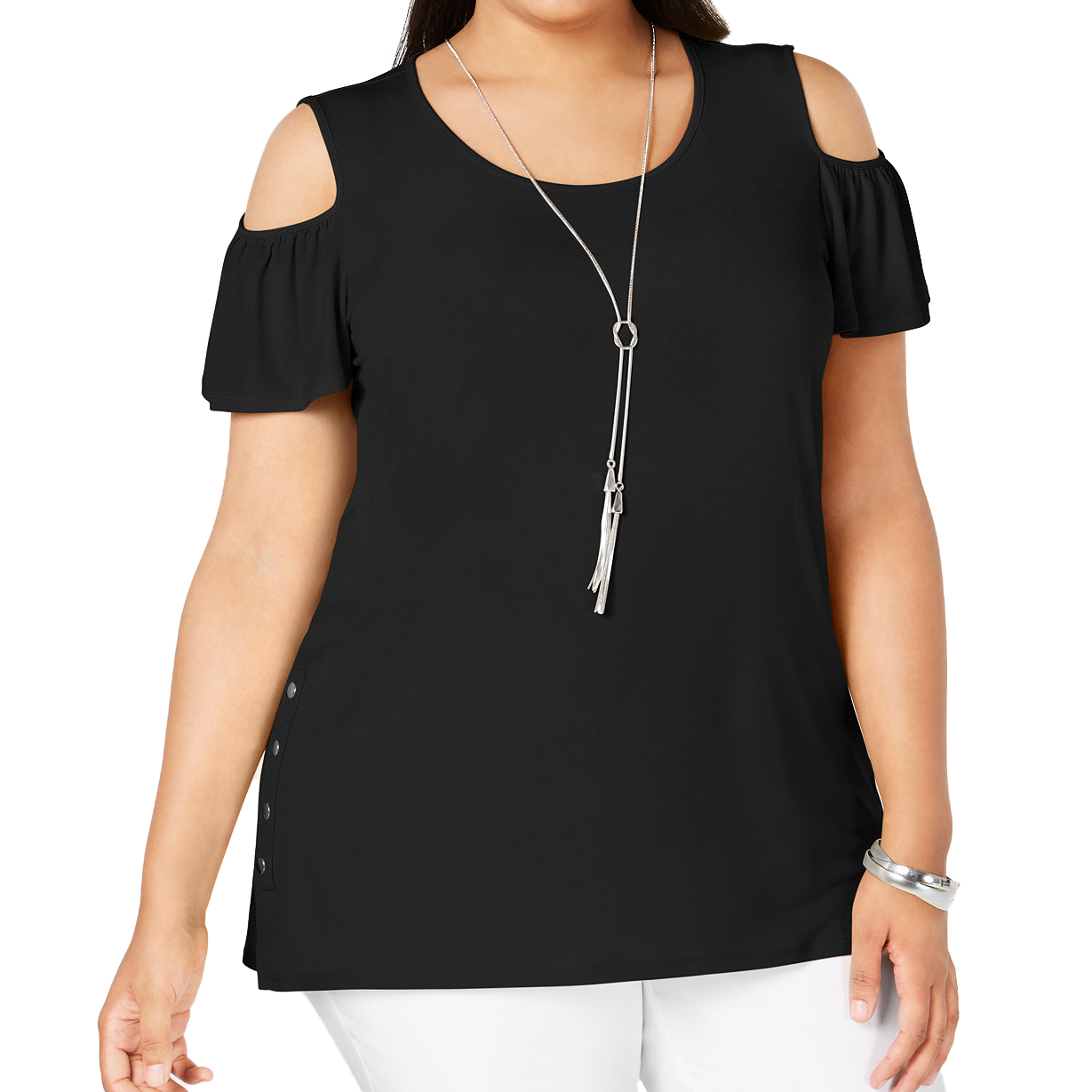 JM Collection Plus Flutter Sleeve Cold Shoulder Necklace Top Deep Black
