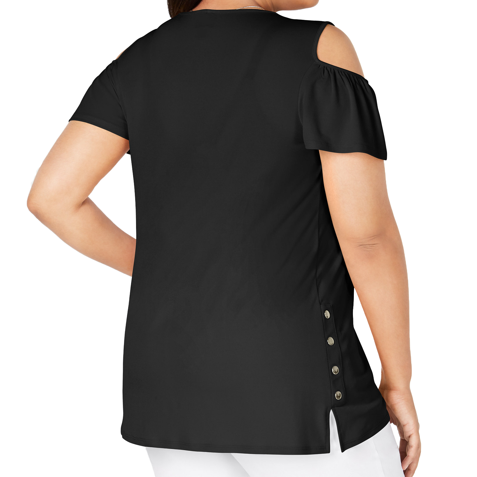 JM Collection Plus Flutter Sleeve Cold Shoulder Necklace Top