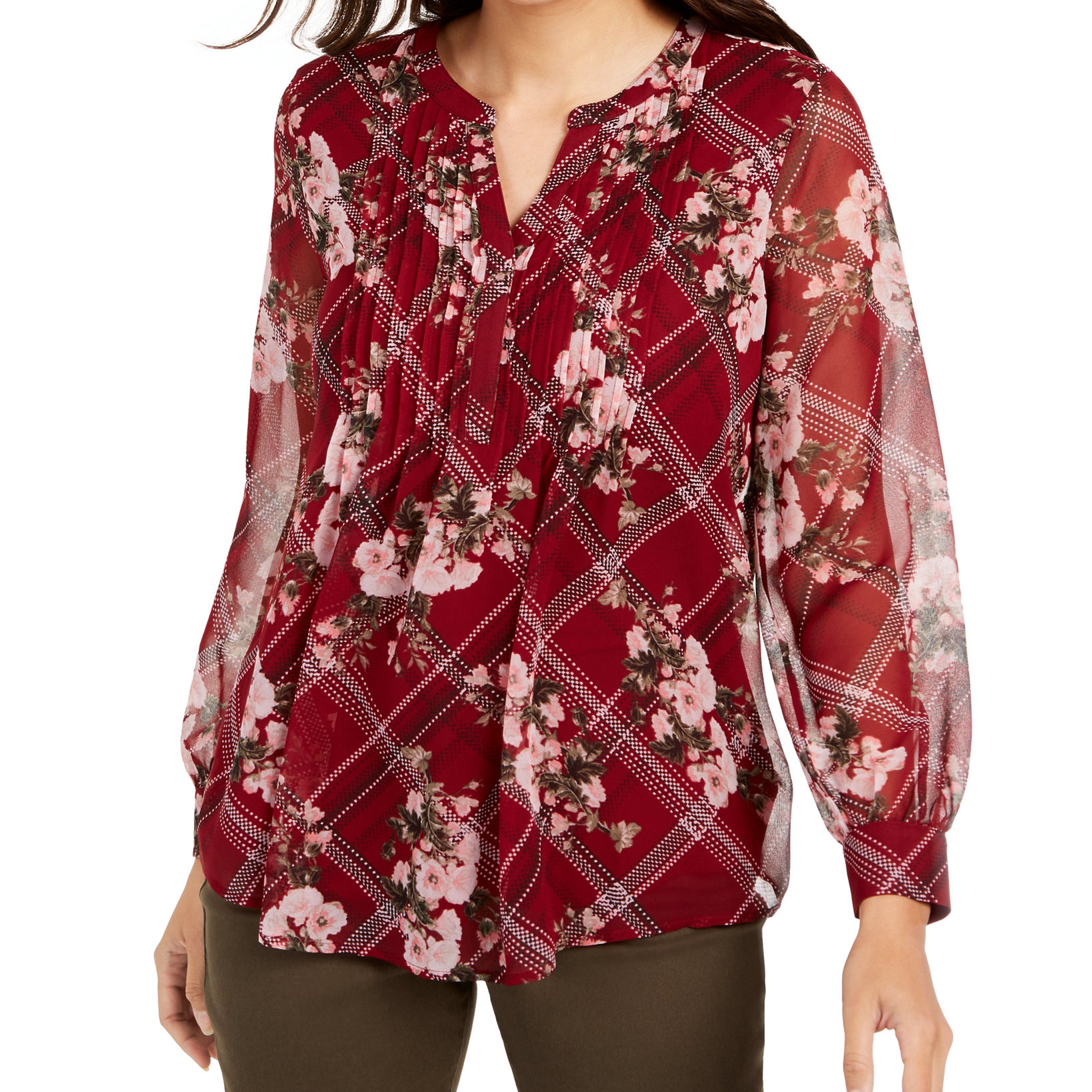 Charter Club Women Petite Mixed Print Split Neck Top Carriage Red Combo