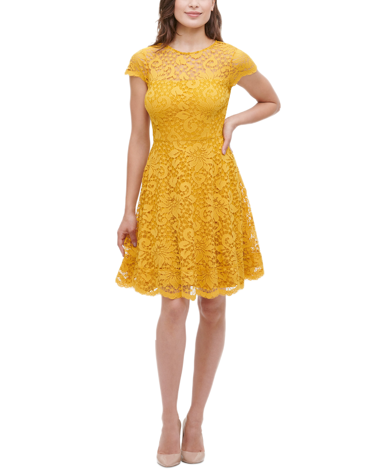 kensie Women Floral Lace Fit & Flare Dress Golden