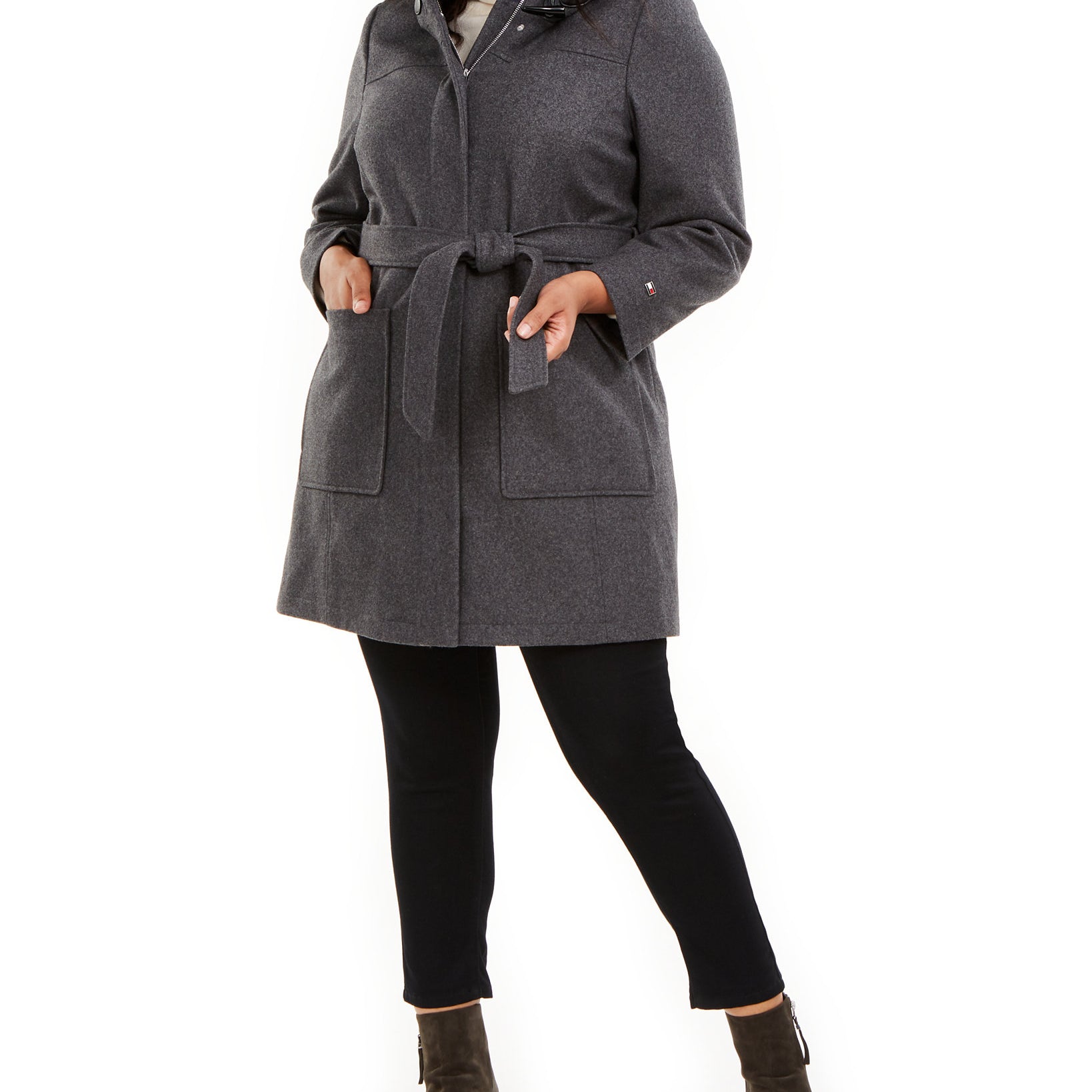 Tommy Hilfiger Women Plus Faux Fur Trim Hooded Belted Coat Medium Heather Grey