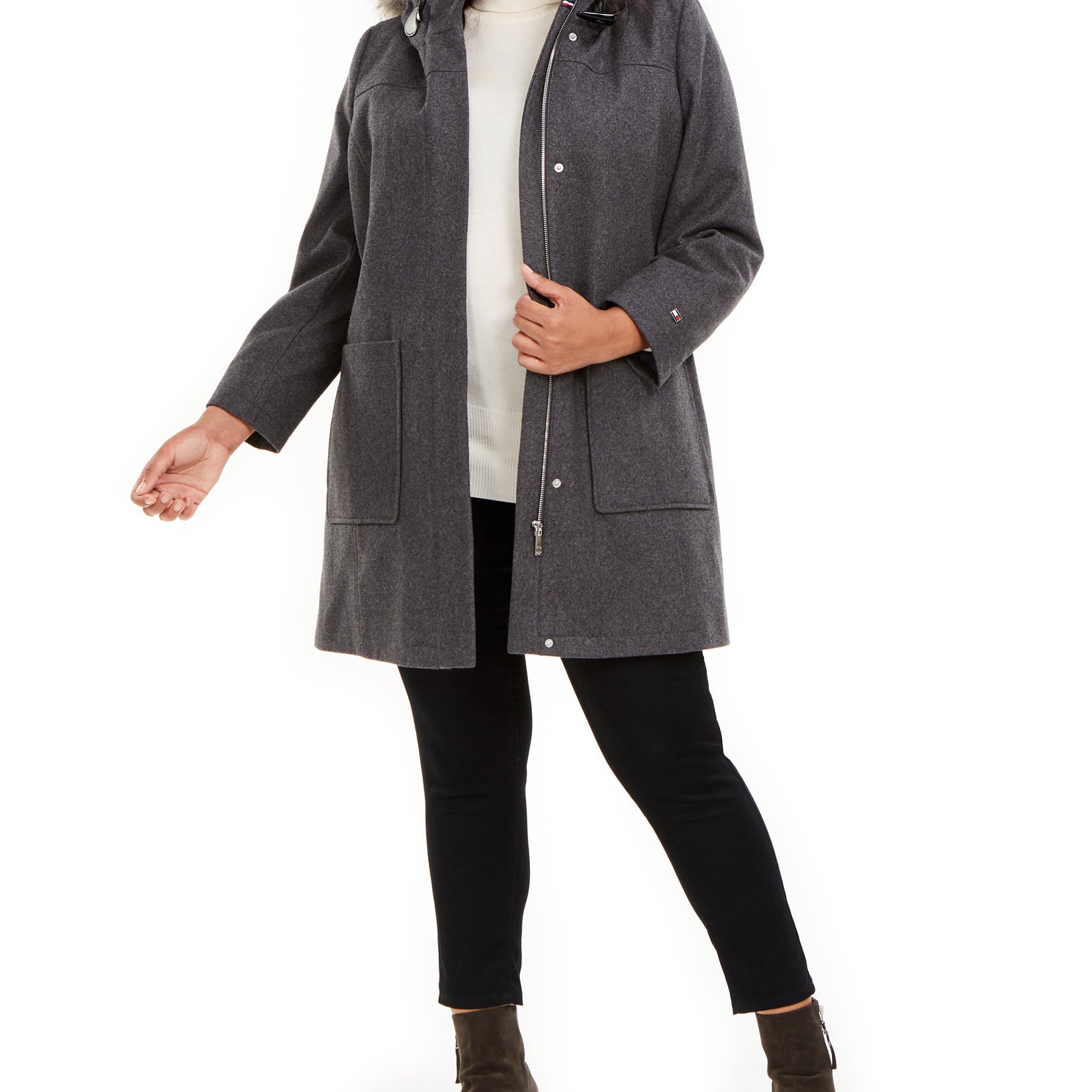 Tommy Hilfiger Women Plus Faux Fur Trim Hooded Belted Coat