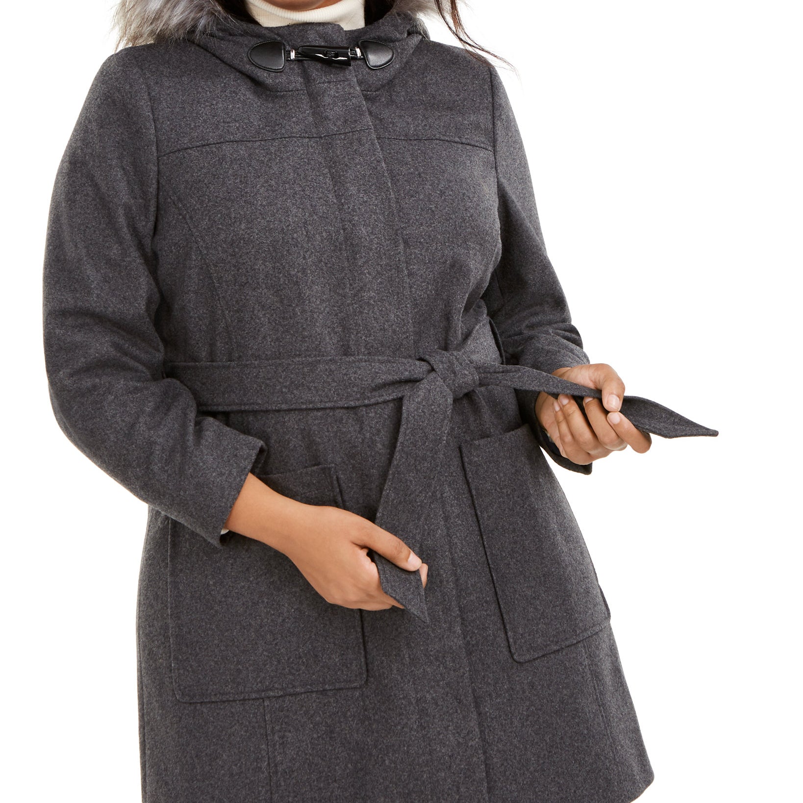Tommy Hilfiger Women Plus Faux Fur Trim Hooded Belted Coat