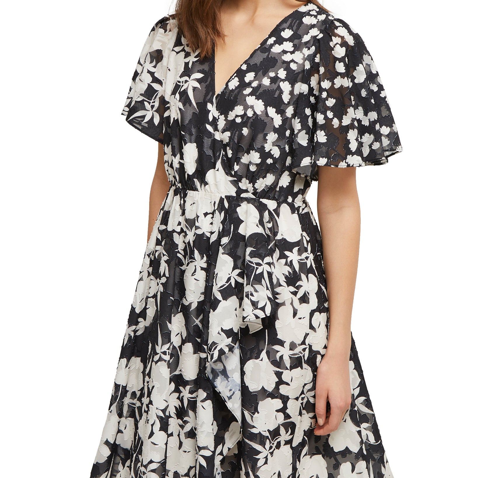 French Connection Women Flutter Sleeve Fit Flare Dress Black Classic Cream