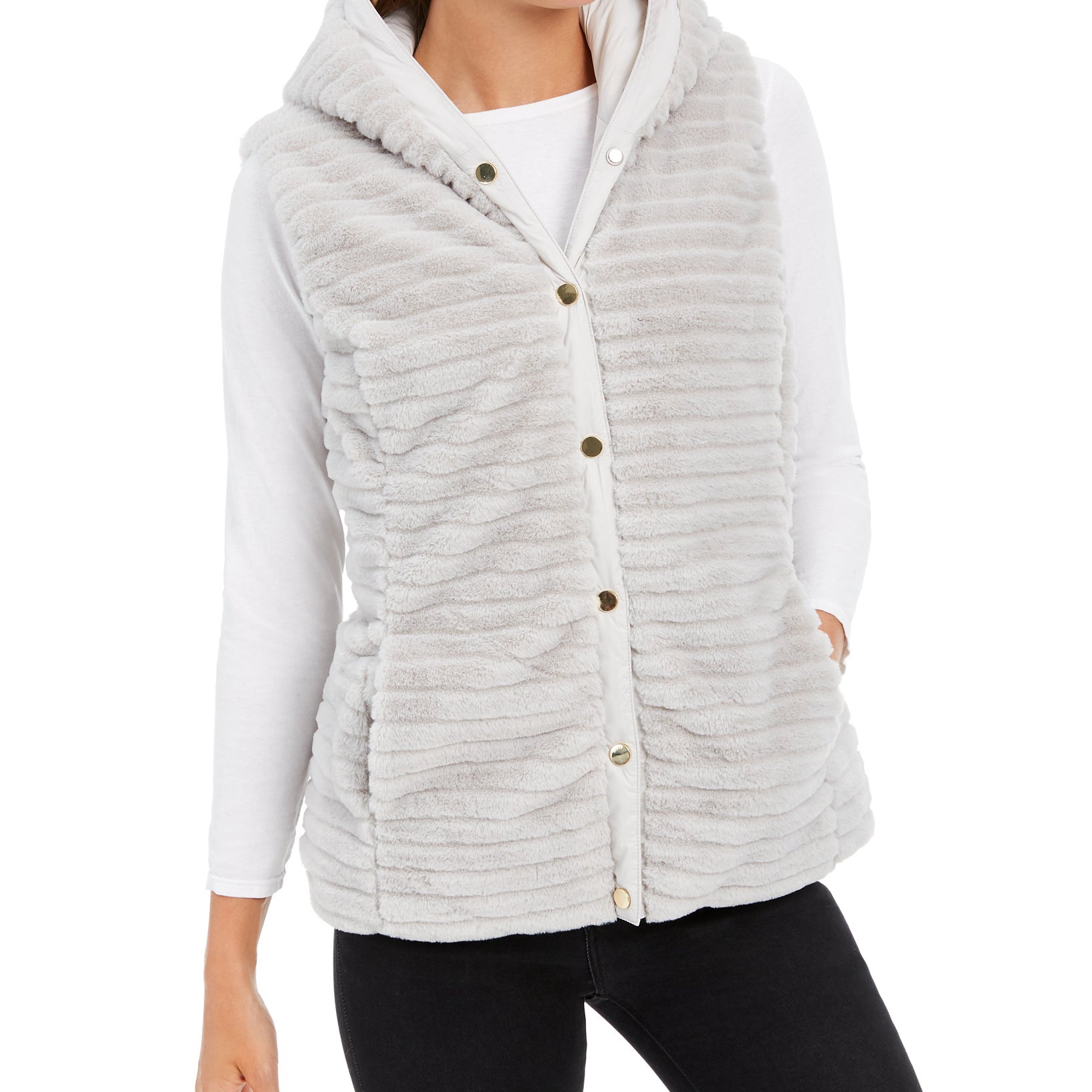 Charter Club Women Faux Fur Hooded Reversible Vest Dove Grey