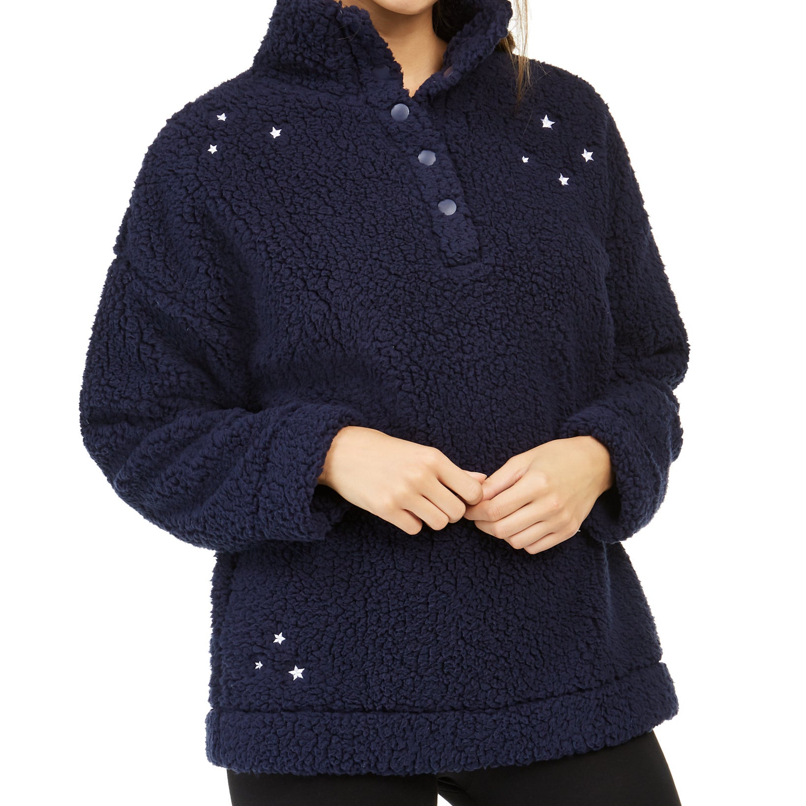 Jenni Women Faux Sherpa Cozy Pullover Placed Stars