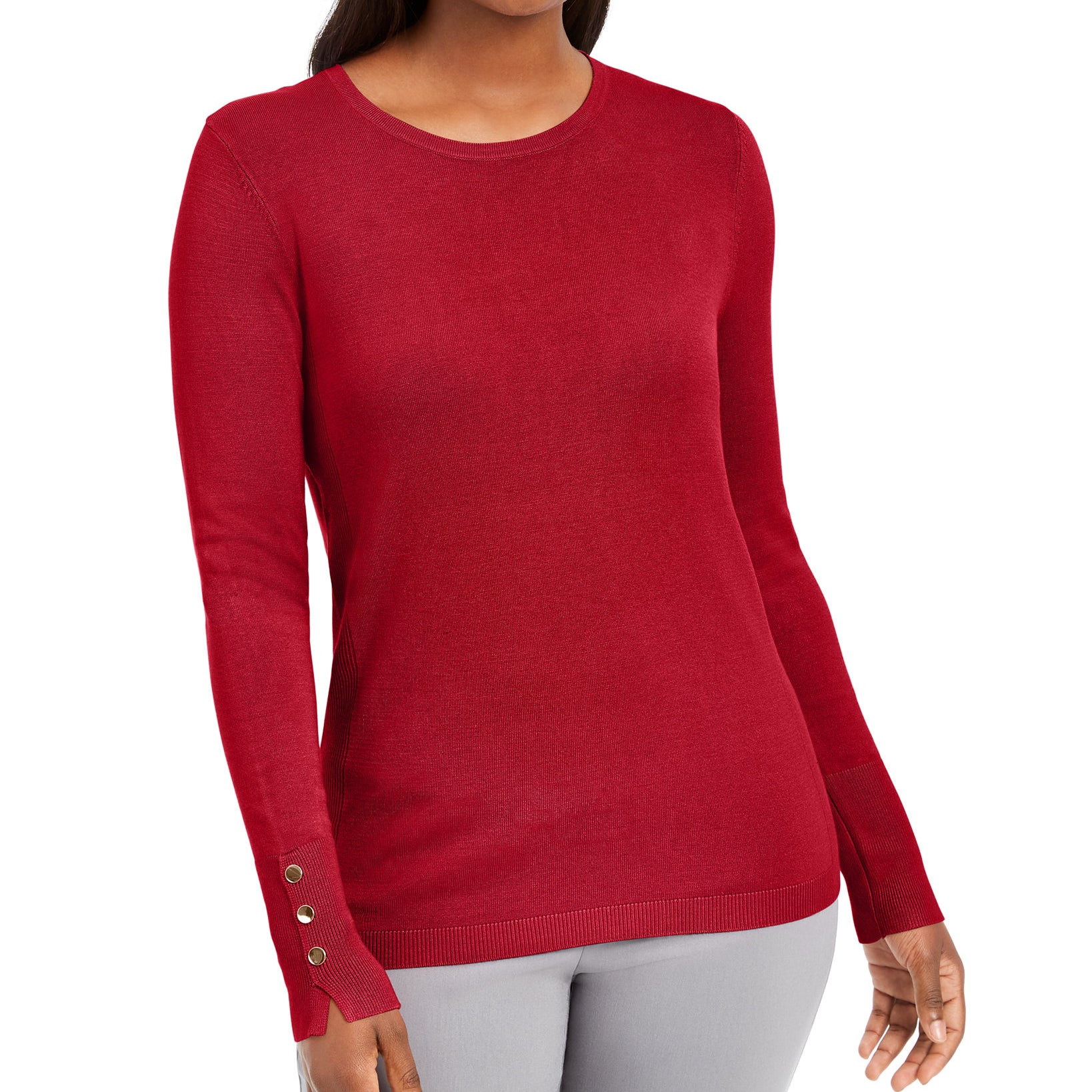 JM Collection Women Button Cuff Crewneck Sweater Rusty Red