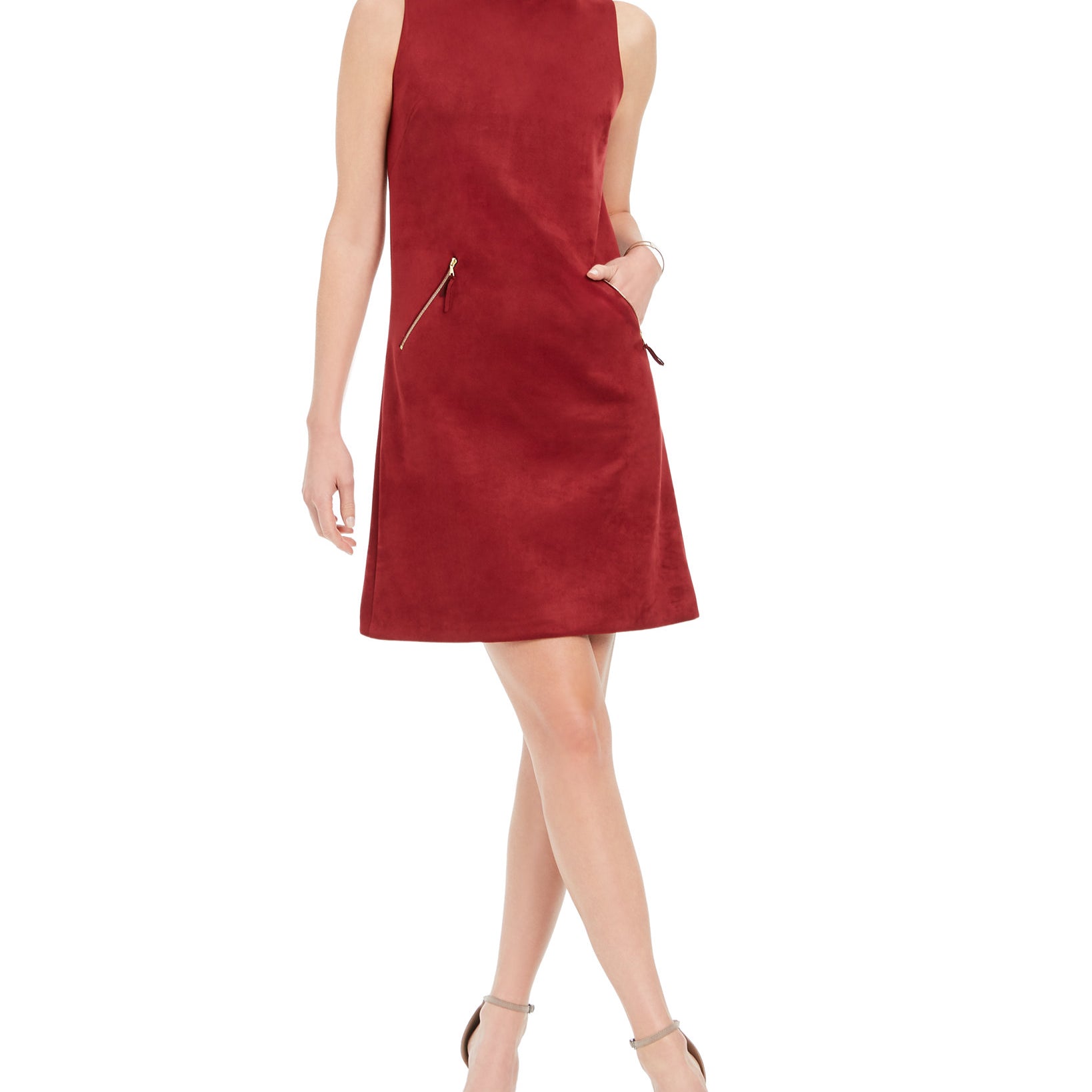 Donna Ricco Women Faux Suede Mock Neck Sheath Dress Wine