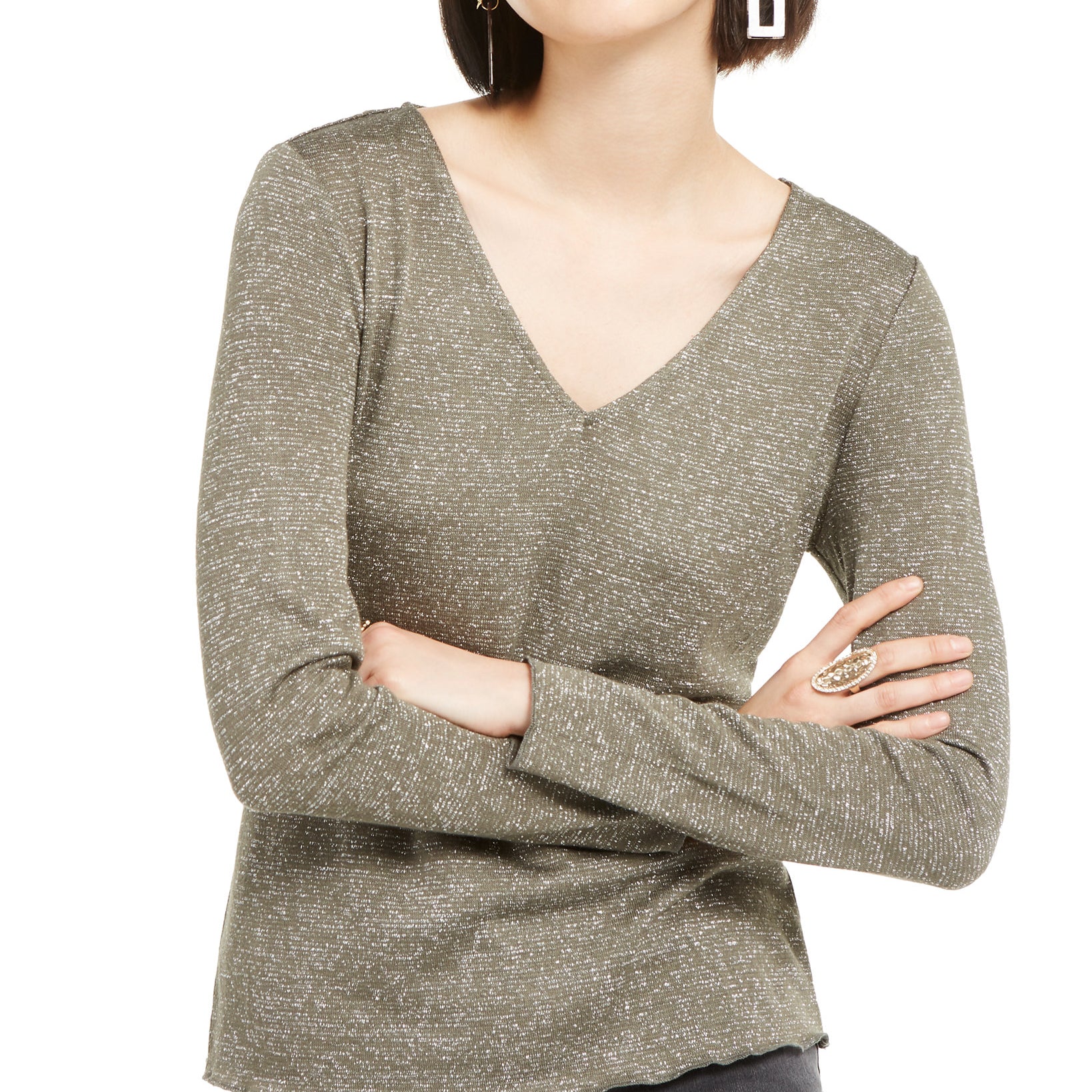 INC International Concepts Women Shiny Knit Top Olive Drab
