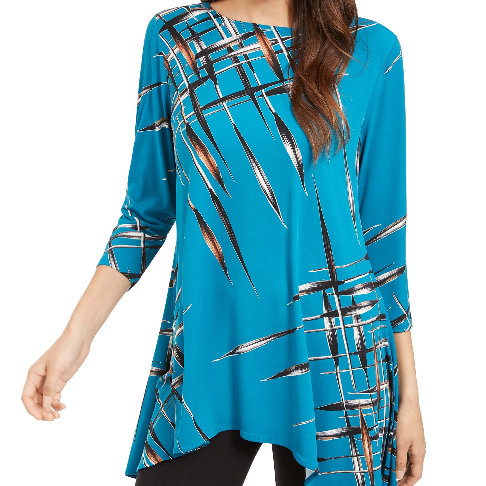 Alfani Women Petite Printed Swing Top Teal Plait