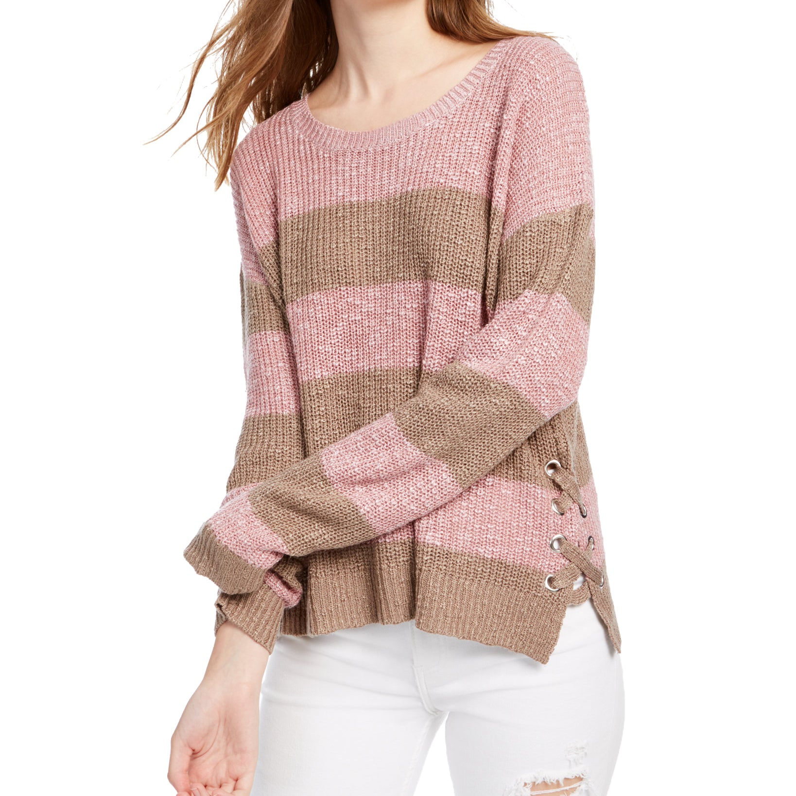Hippie Rose Women Lace Up Sweater Pink Taupe