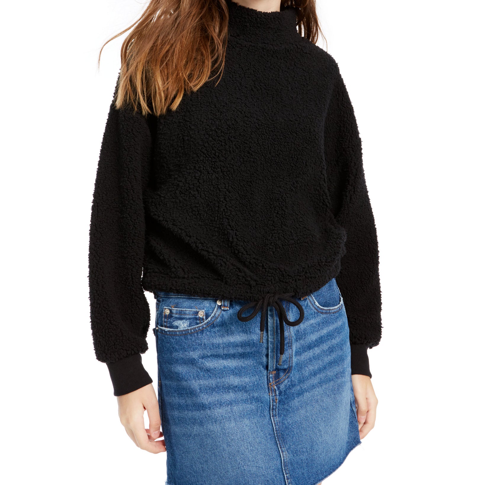 Hippie Rose Women Mock Neck Sherpa Pullover Black