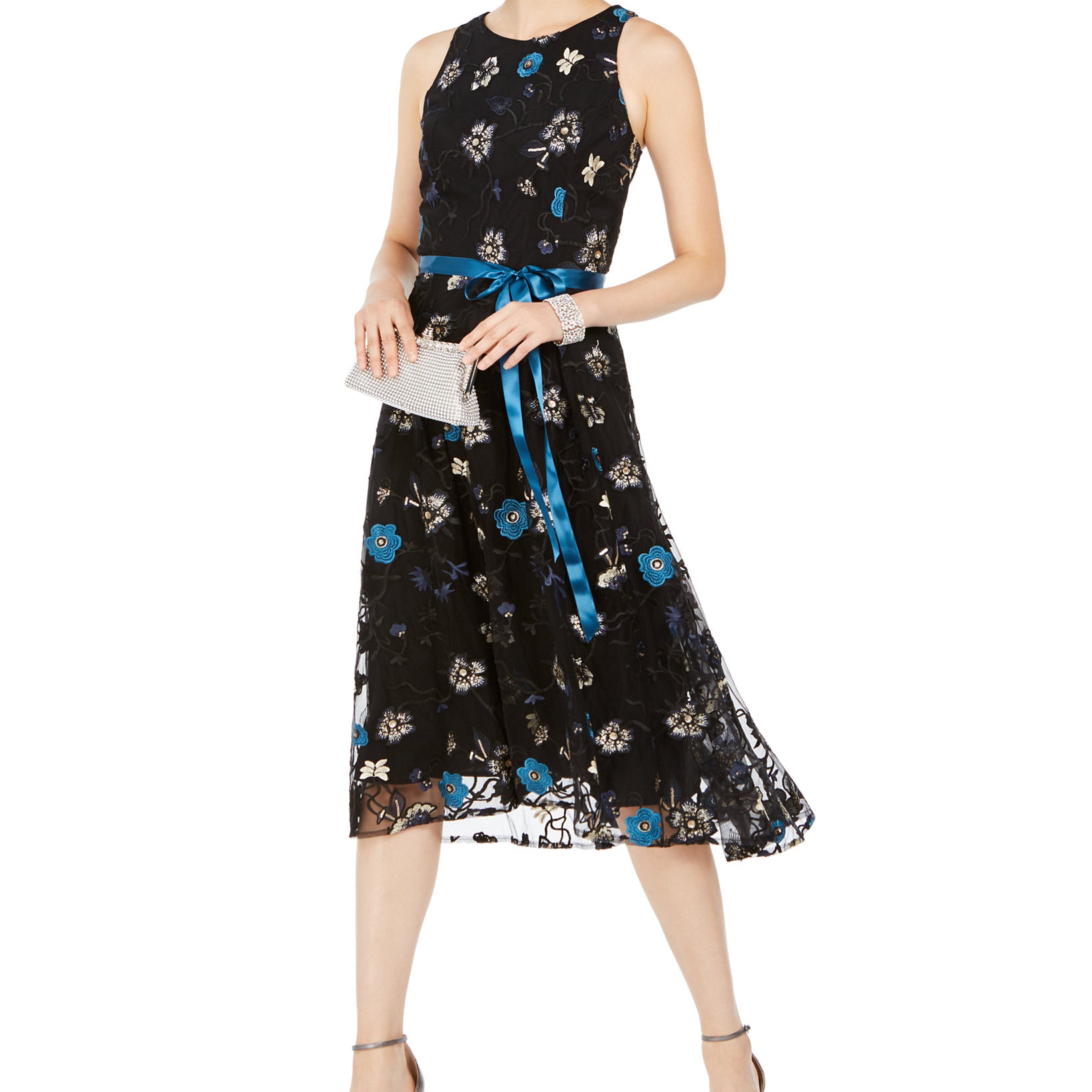 Tahari ASL Women Sequined & Embroidered Floral Midi Dress Black Teal