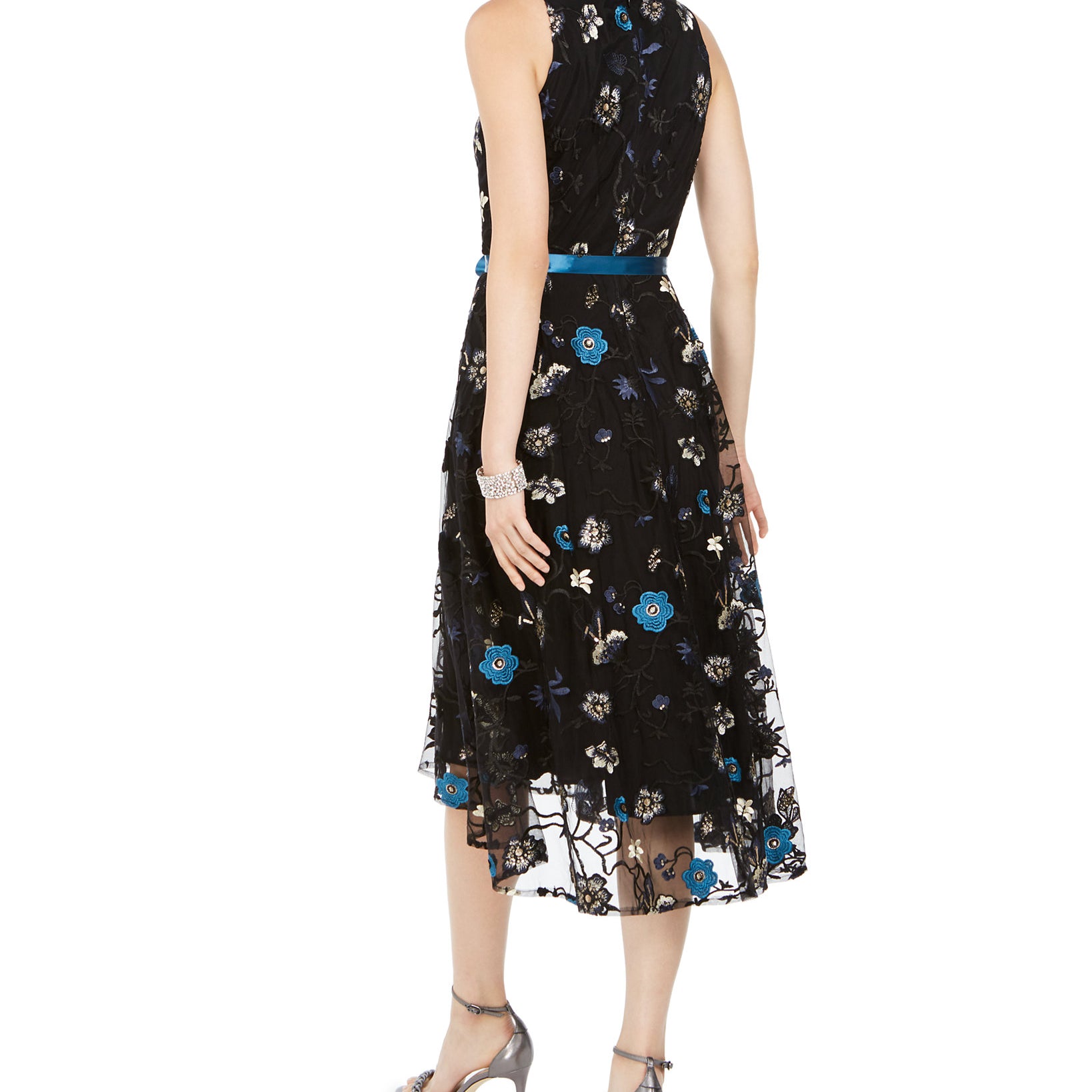 Tahari ASL Women Sequined & Embroidered Floral Midi Dress