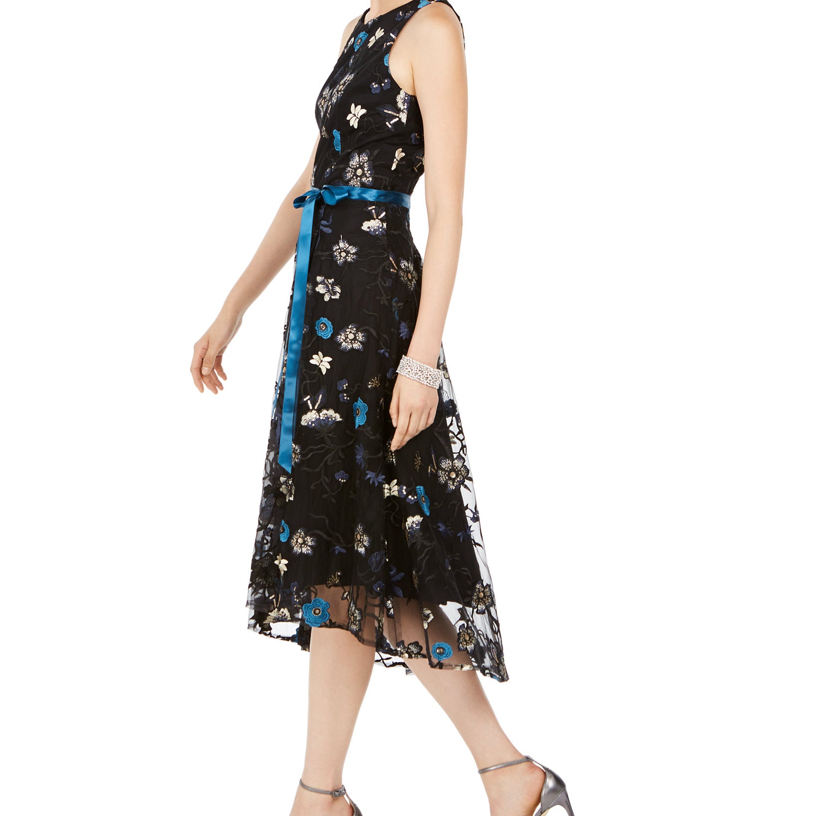 Tahari ASL Women Sequined & Embroidered Floral Midi Dress