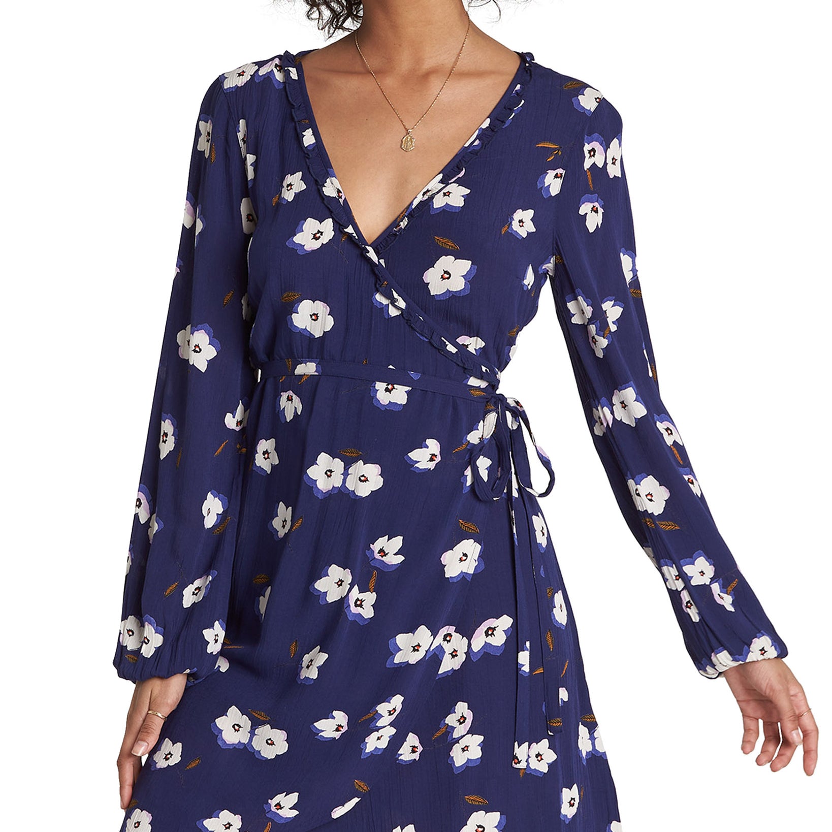 Billabong Women Floral Print Ruffled Wrap Dress Blue