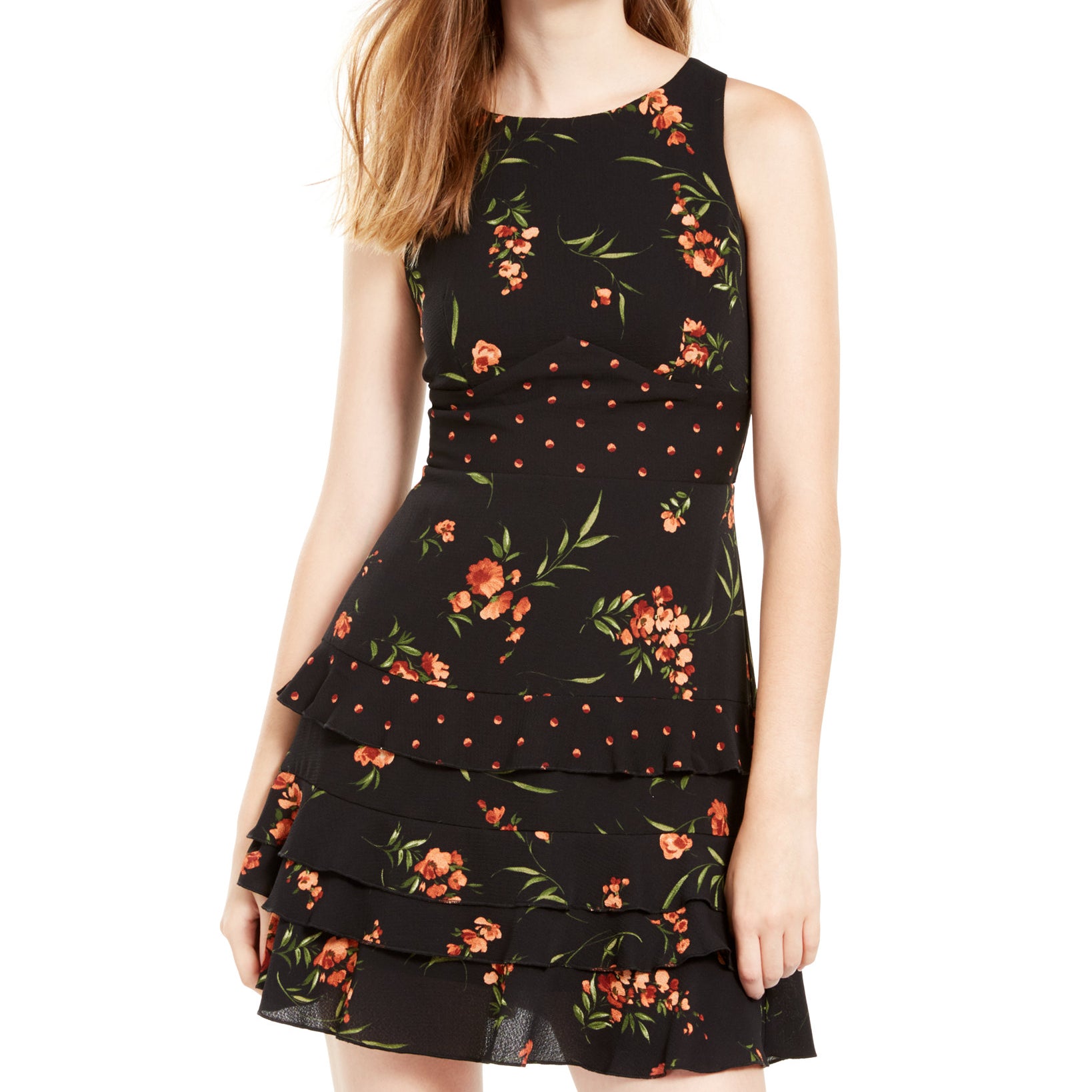 Teeze Me Women Mixed Print Ruffled Dress Black Orange