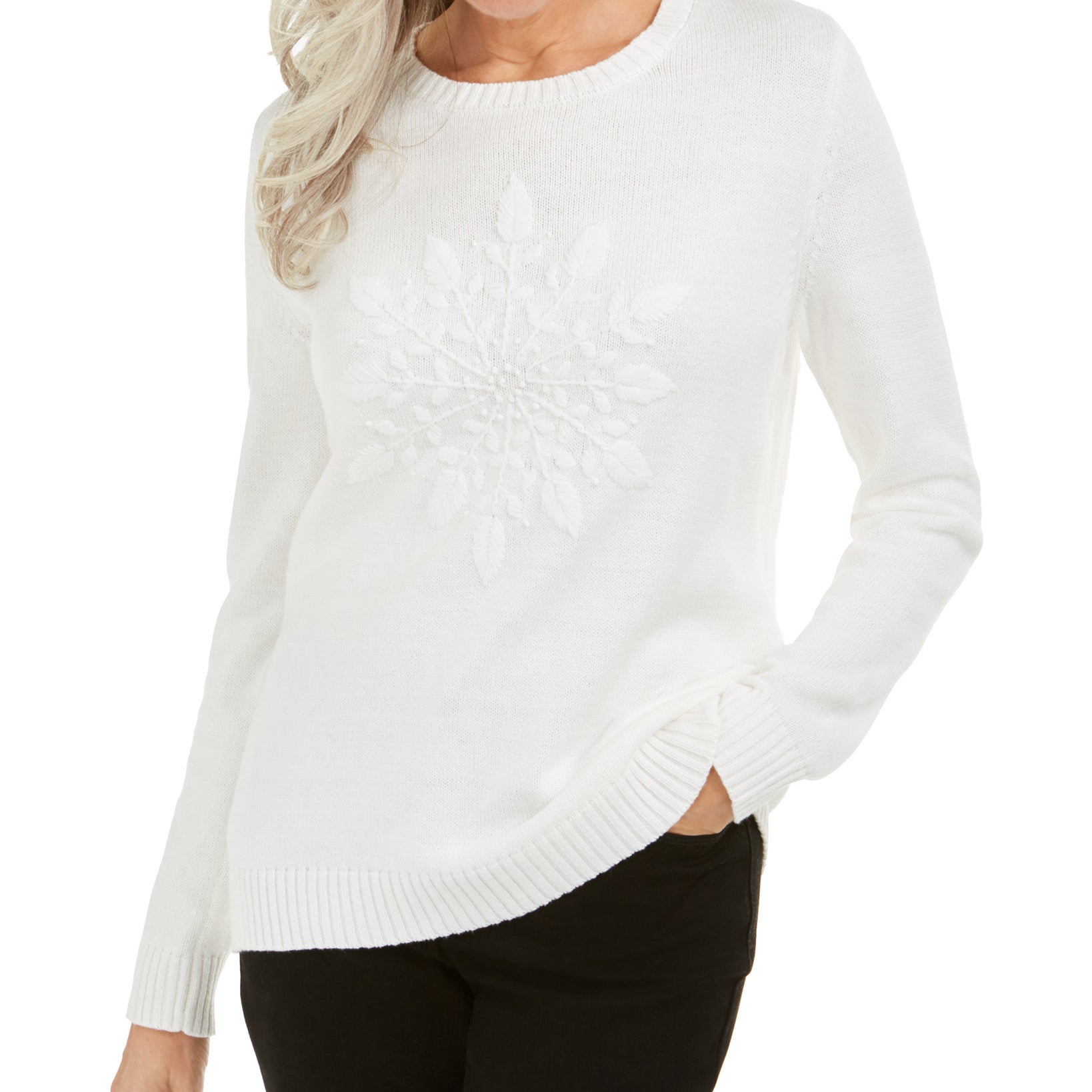 Karen Scott Women Snowflake Appliqué Sweater Winter White Combo