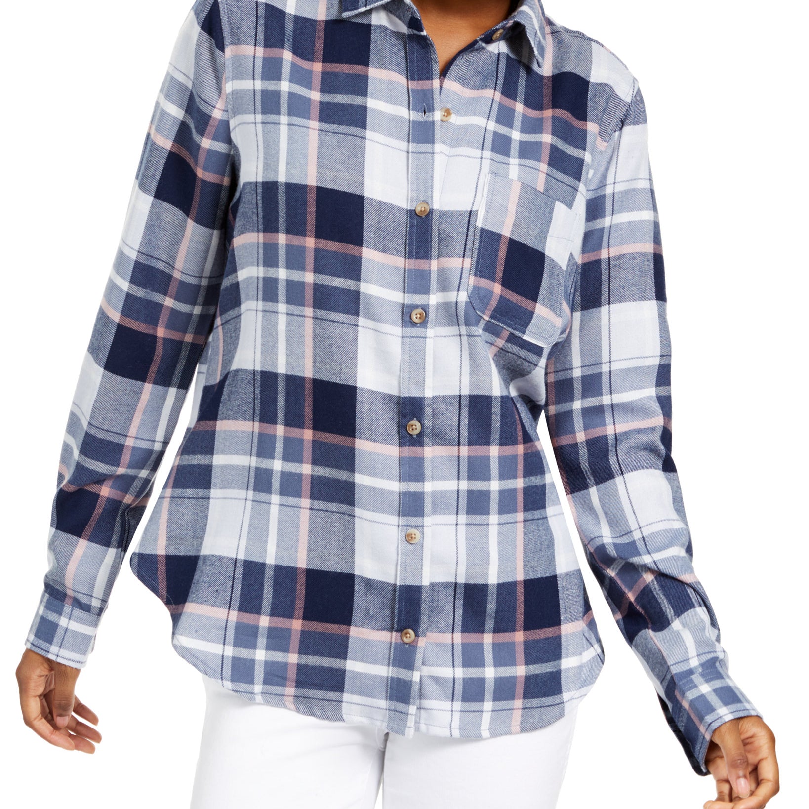 Polly & Esther Women Plaid Utility Shirt Blue
