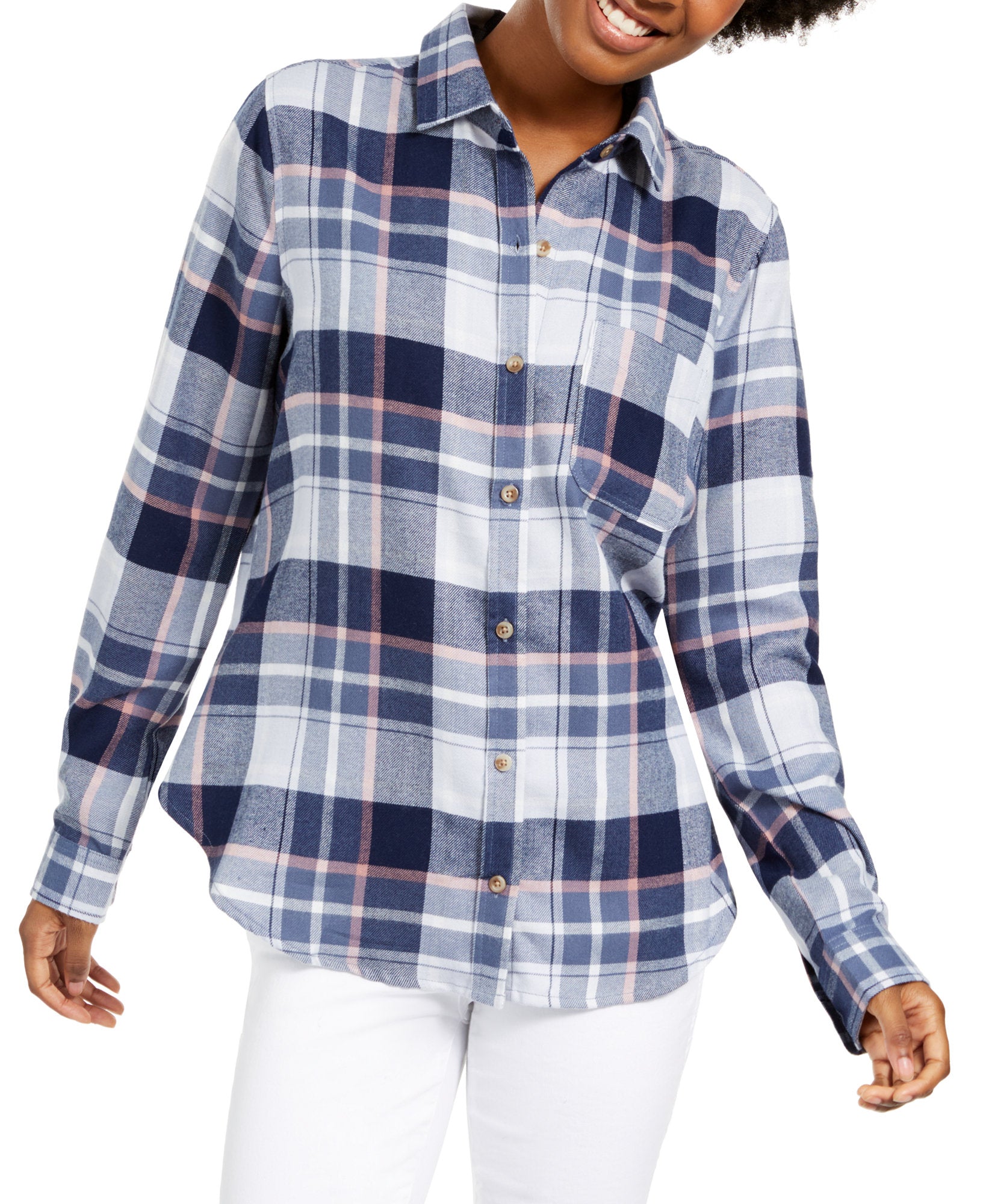 Polly & Esther Women Plaid Utility Shirt Blue