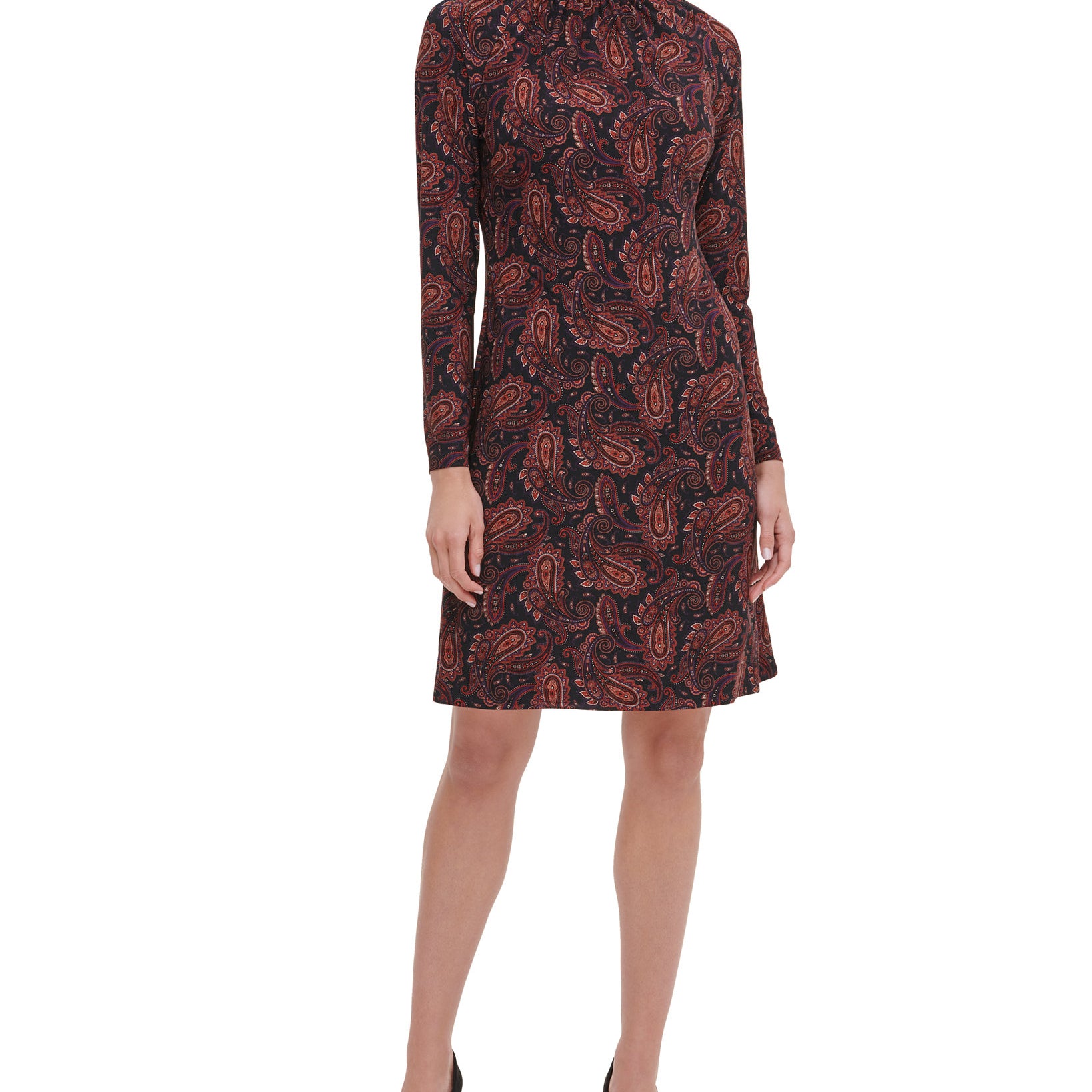 Tommy Hilfiger Women Paisley Mock Neck Dress Black Aubergine