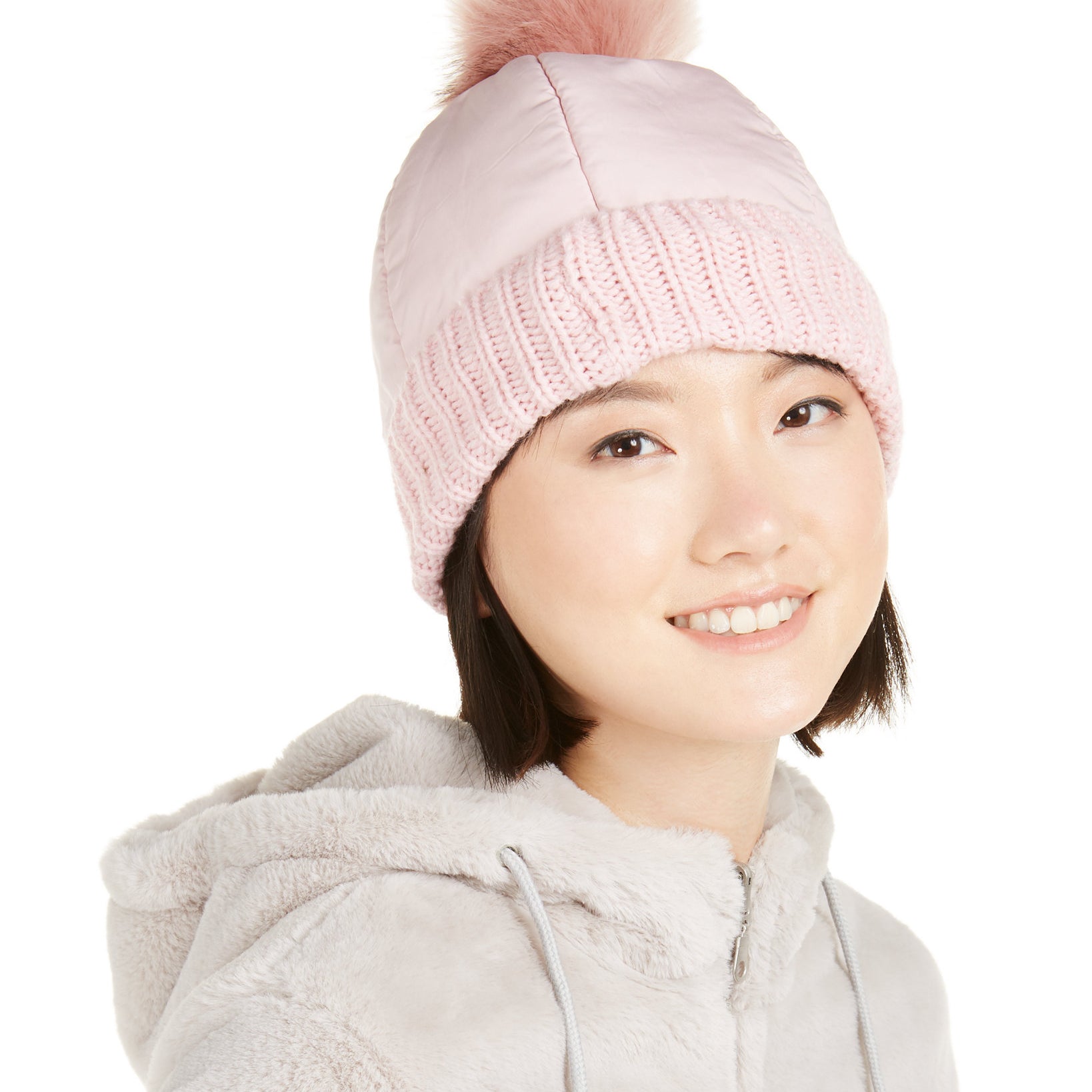Steve Madden Women Puffer Hat With Faux Fur Pom Pom Blush