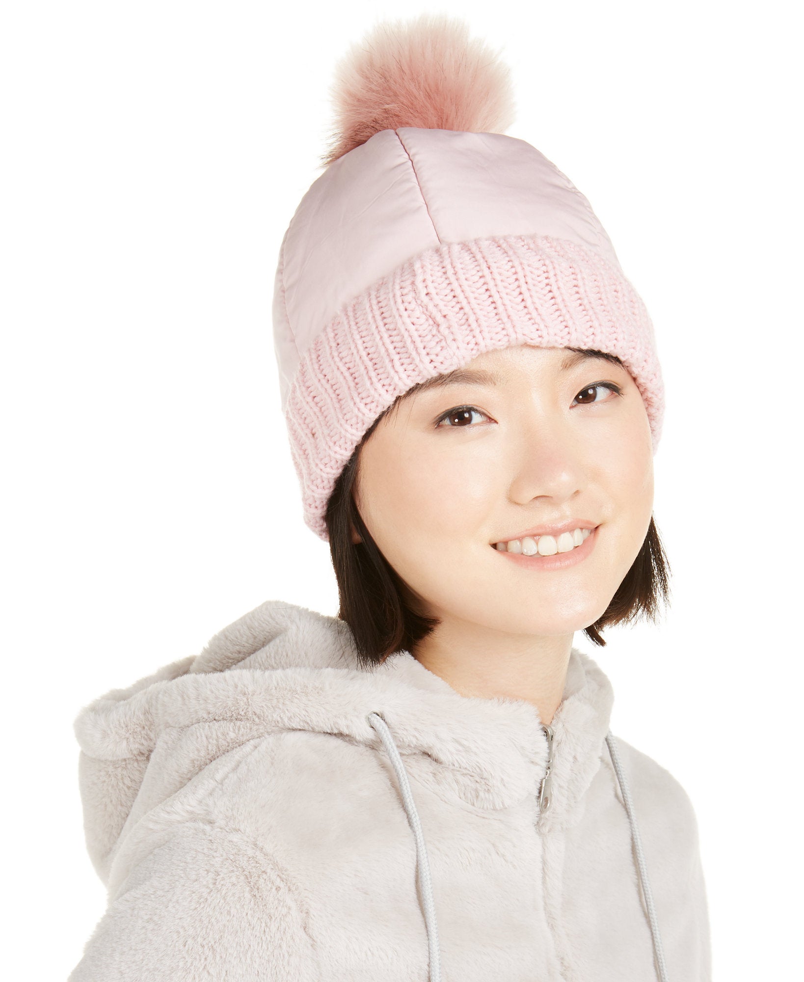 Steve Madden Women Puffer Hat With Faux Fur Pom Pom Blush