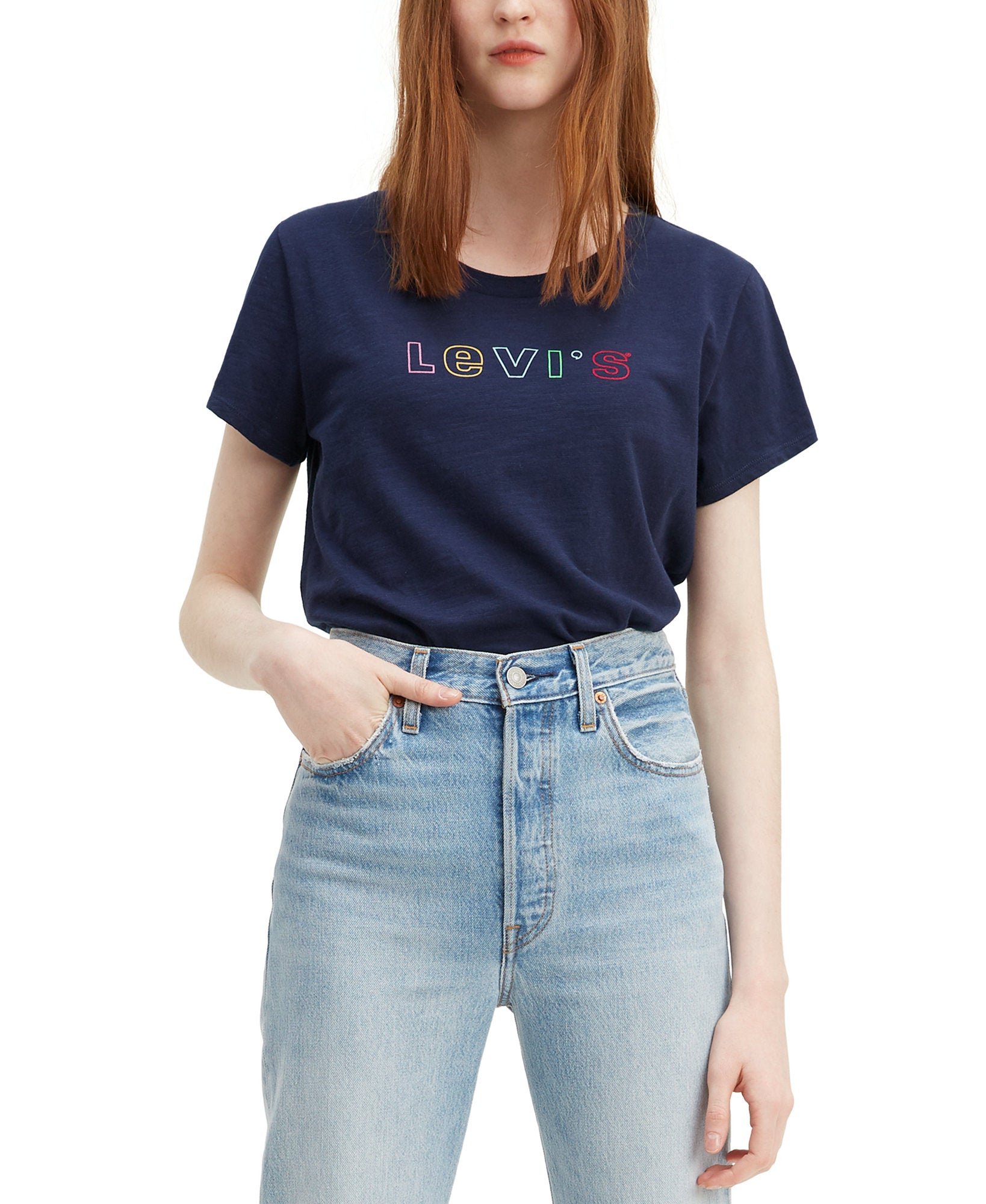 Levis Women Cotton Rainbow Logo Graphic T Shirt Rainbow Sea Captain Blue