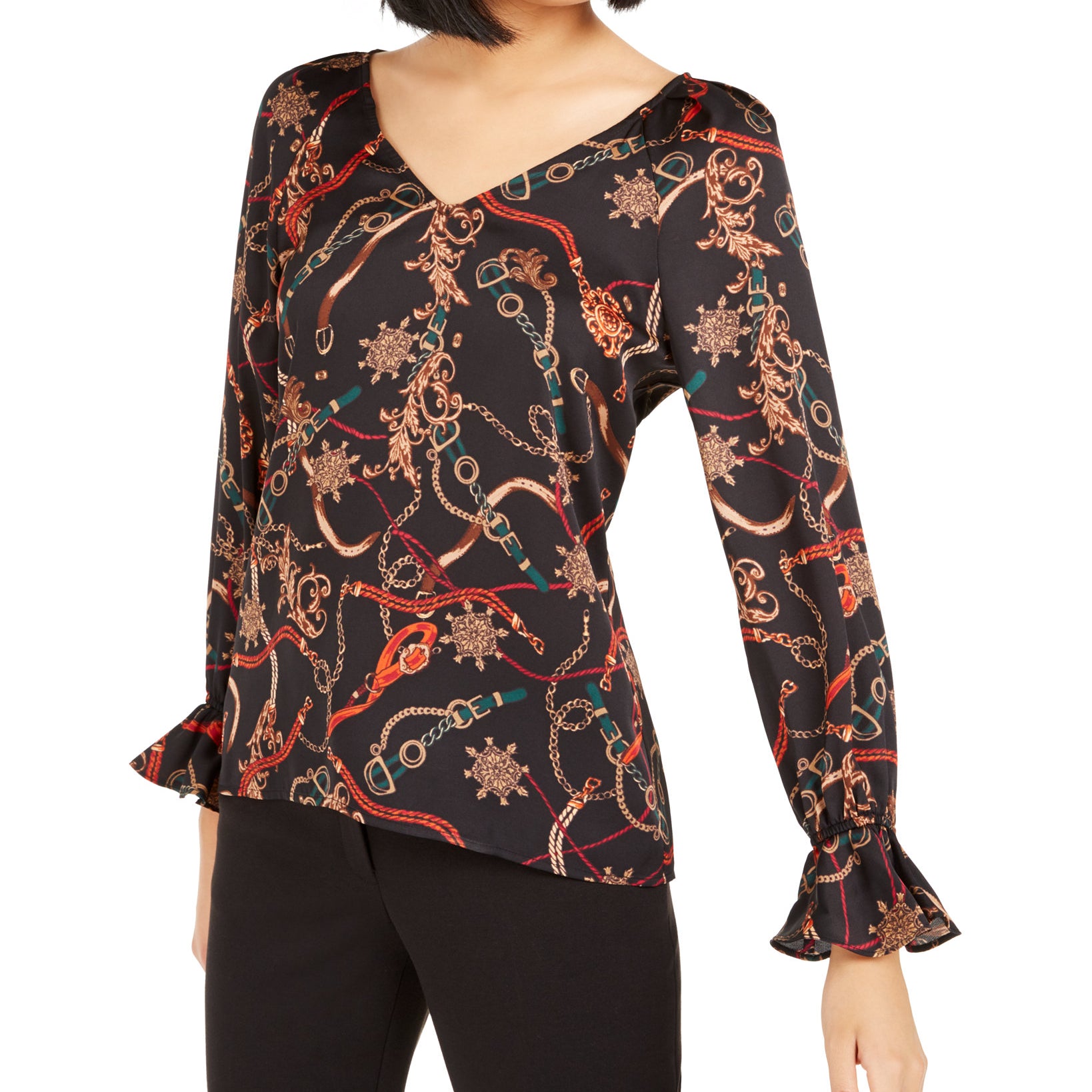 Bar III Women Printed V Neck Top Black Multi