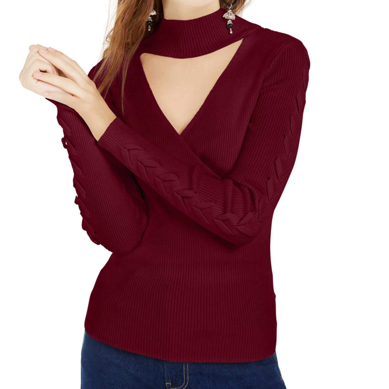 Hippie Rose Women Mock Neck Cutout Sweater Zinfandel