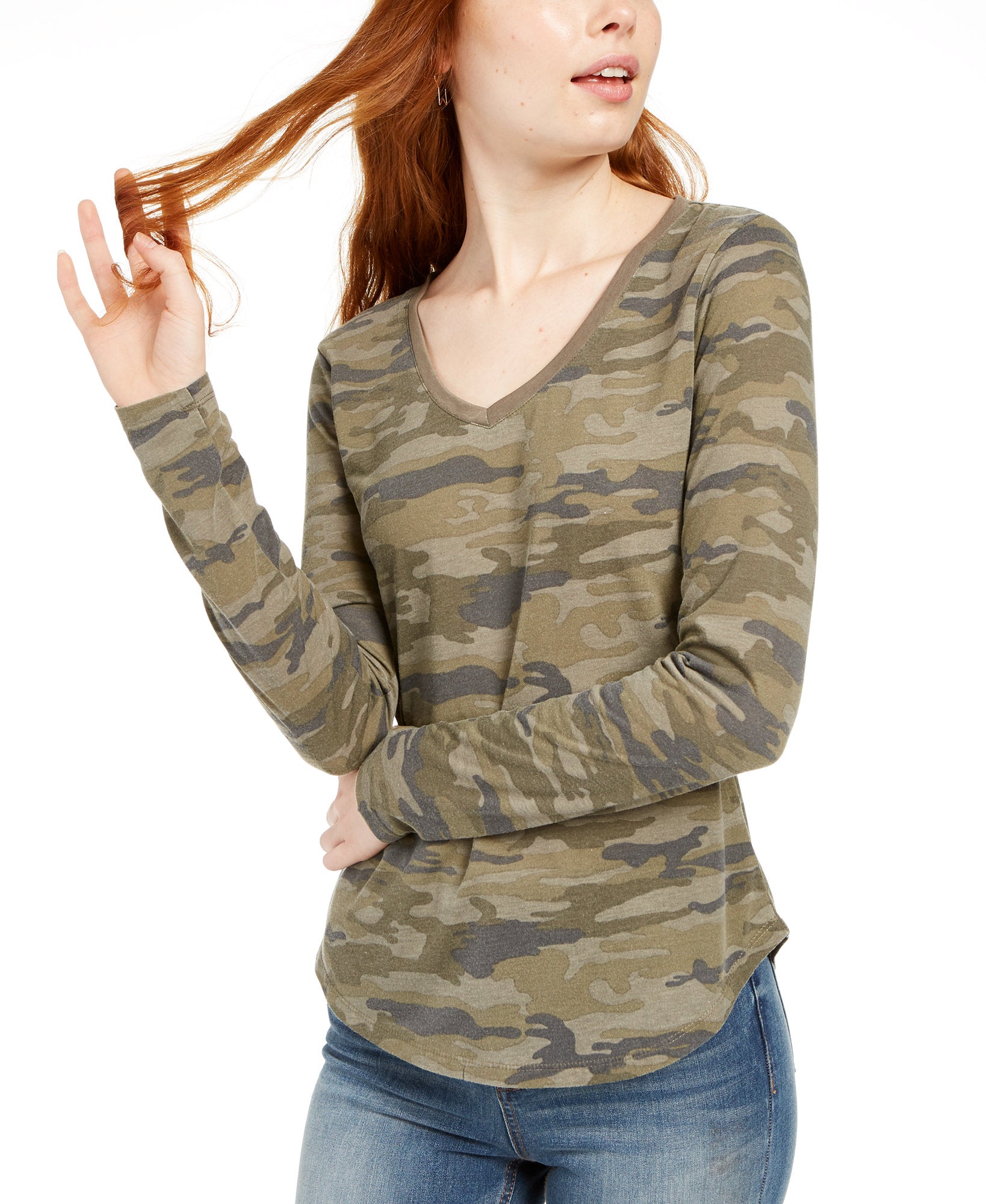 Ultra Flirt Women Long Sleeved Textured Boyfriend T Shirt Olive Camo