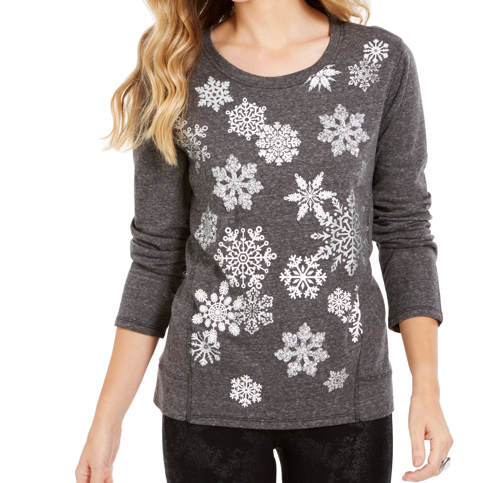 Style & Co Women Snowflake Embellished Sweatshirt Falling Snowflakes