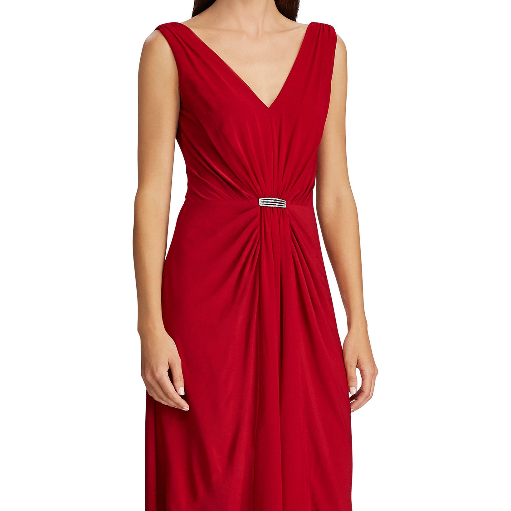 Lauren Ralph Lauren Women Petite Crystal Brooch Gathered Dress Red