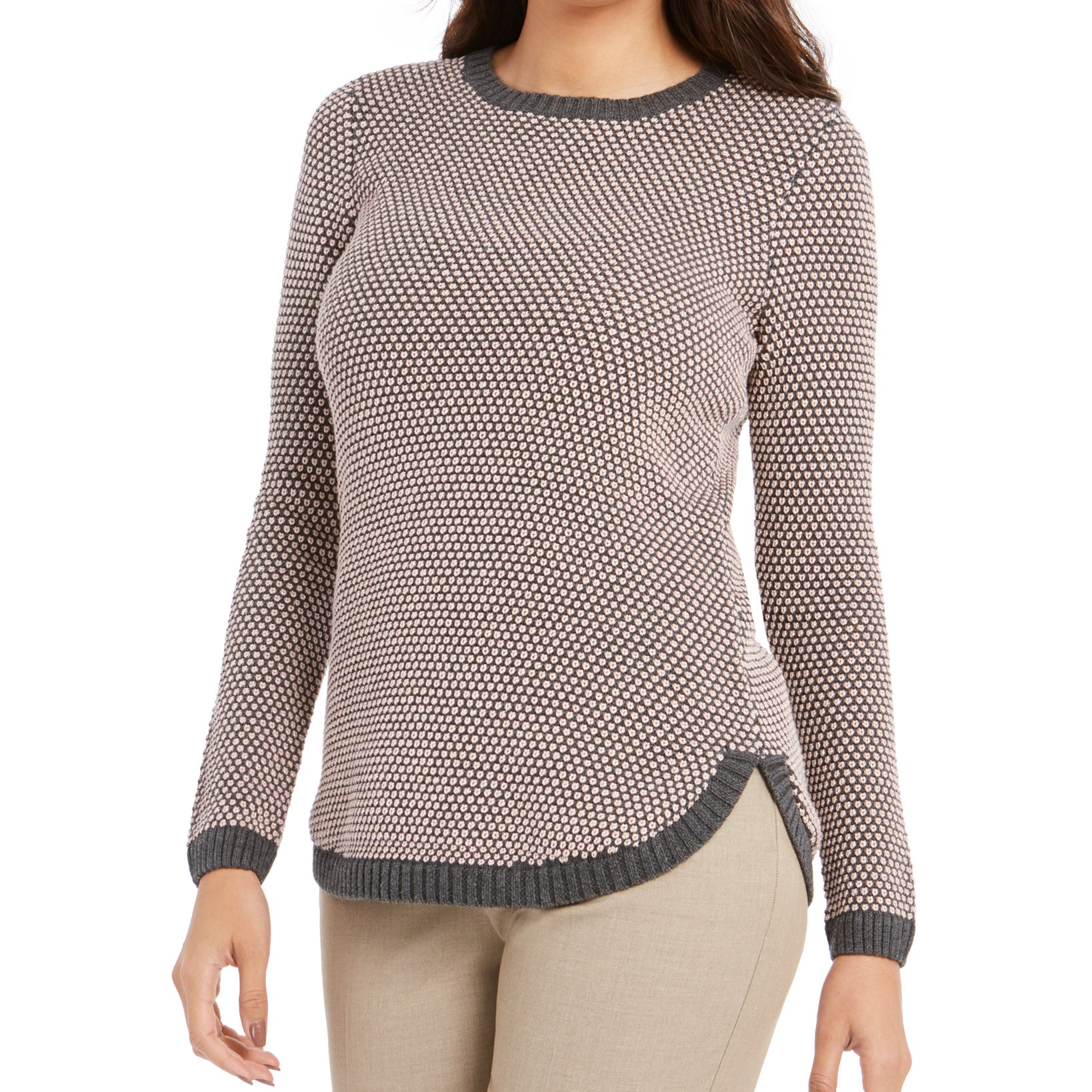 Charter Club Women Textured Contrast Trim Sweater Charcoal Heather