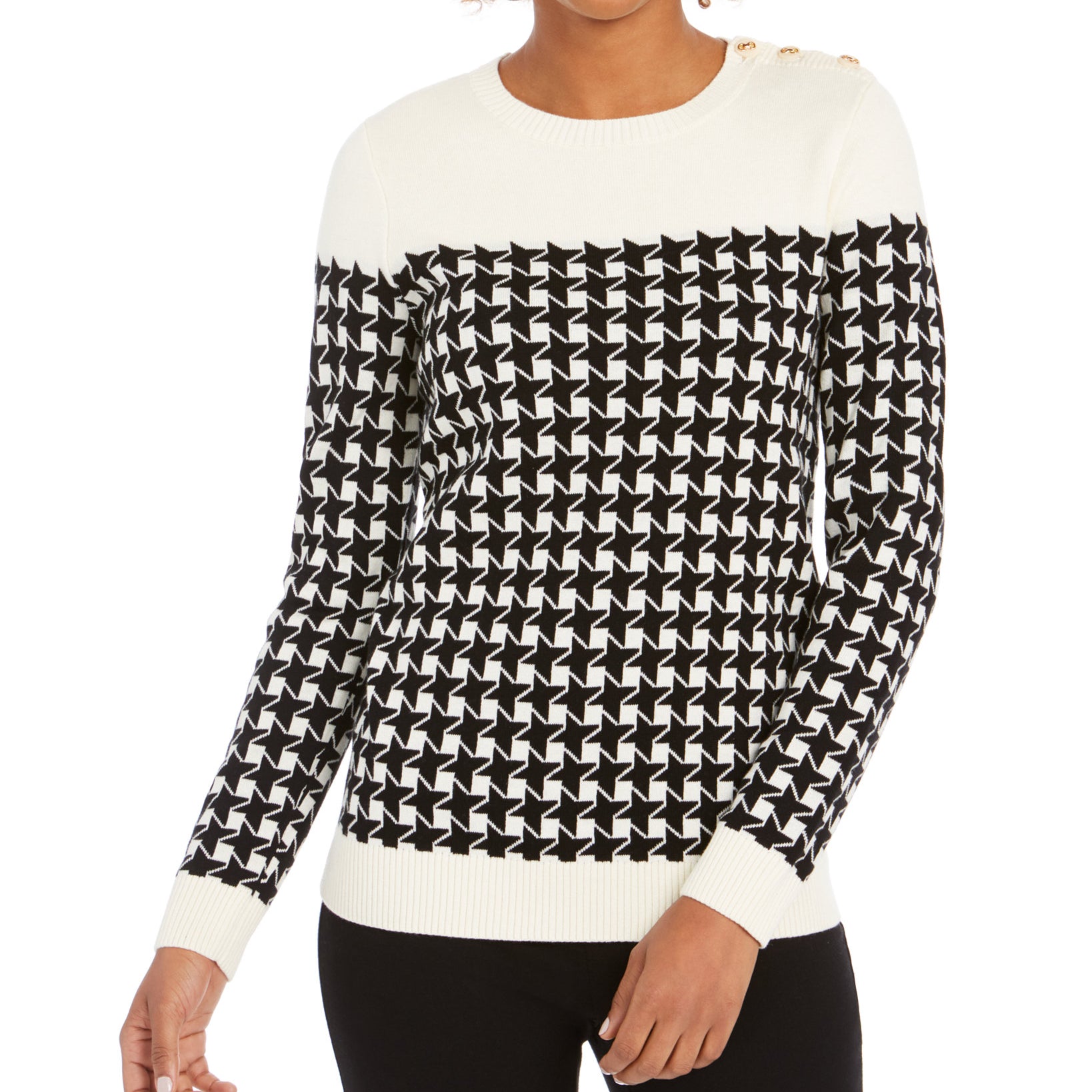 Charter Club Women Petite Houndstooth Button Shoulder Sweater Deep Black Combo