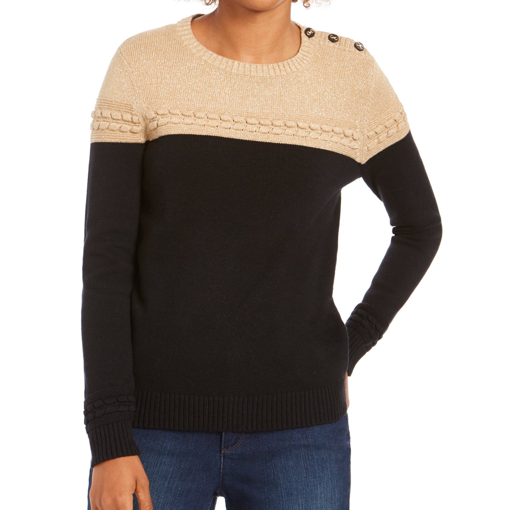 Charter Club Women Metallic Colorblocked Crewneck Sweater Camel Combo