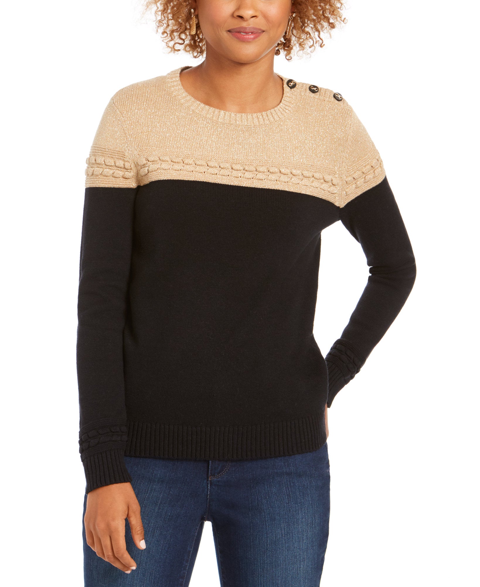 Charter Club Women Metallic Colorblocked Crewneck Sweater Camel Combo