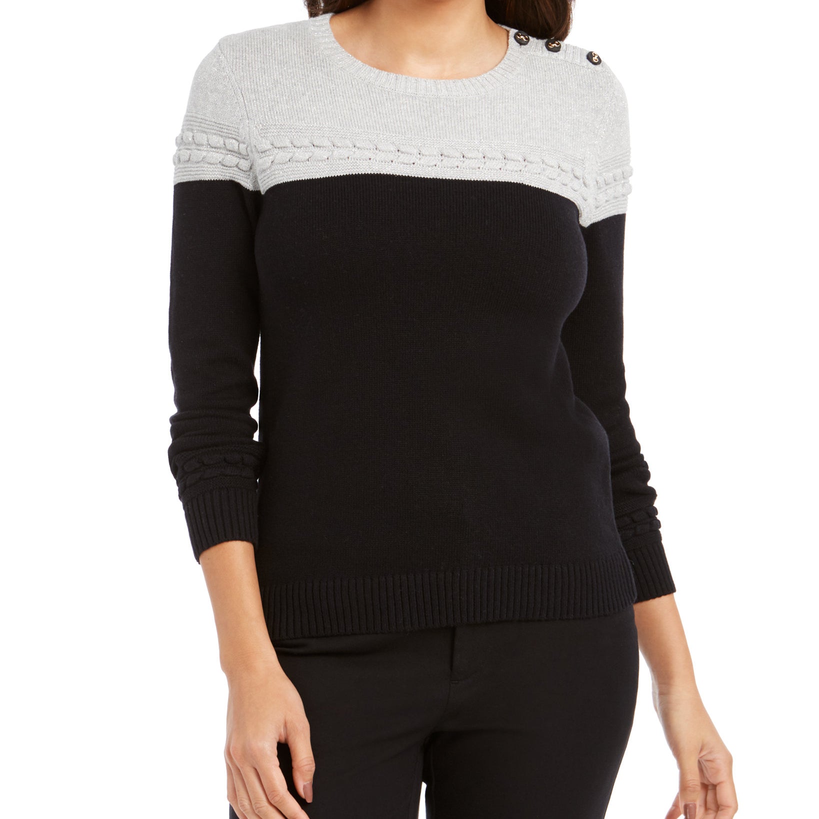 Charter Club Women Metallic Colorblocked Crewneck Sweater Silver Tin Combo