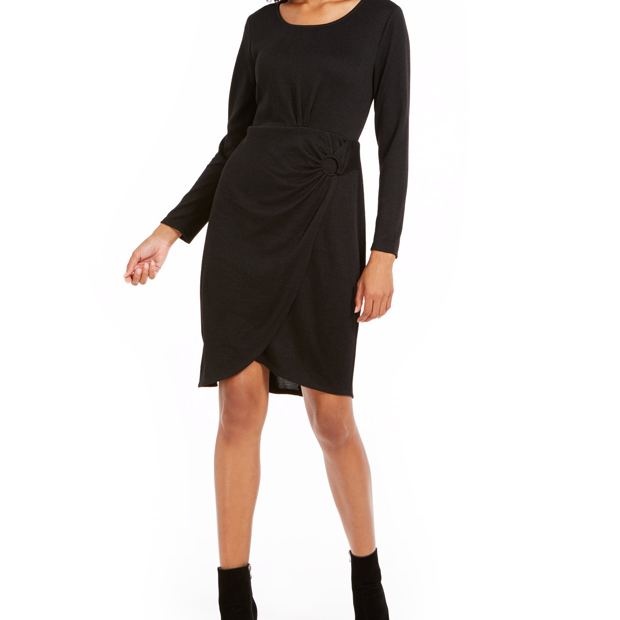 NY Collection Women Petite Long Sleeve Faux Wrap Dress Black