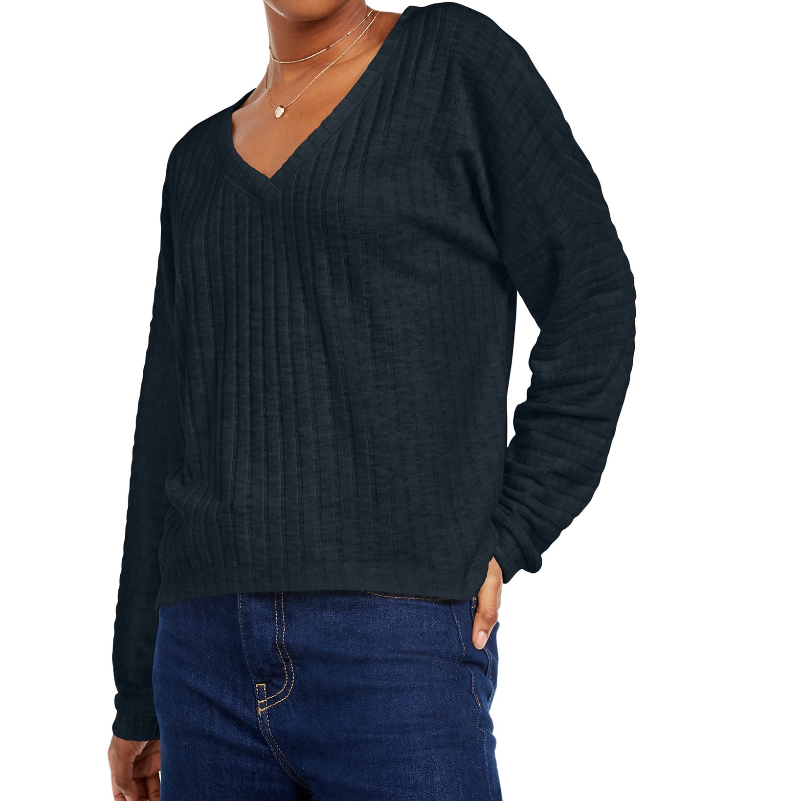 Hippie Rose Women Cozy V Neck Ribbed Top Forest Shade