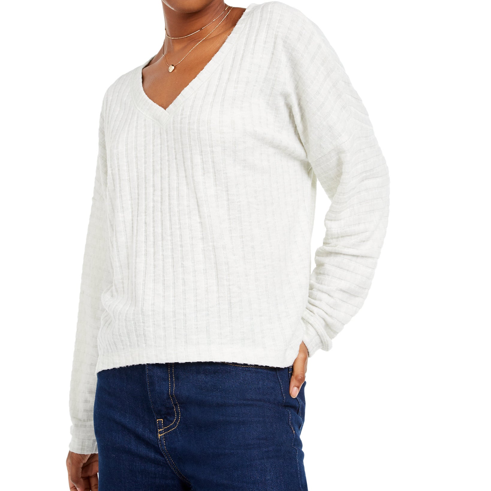 Hippie Rose Women Cozy V Neck Ribbed Top White Grey