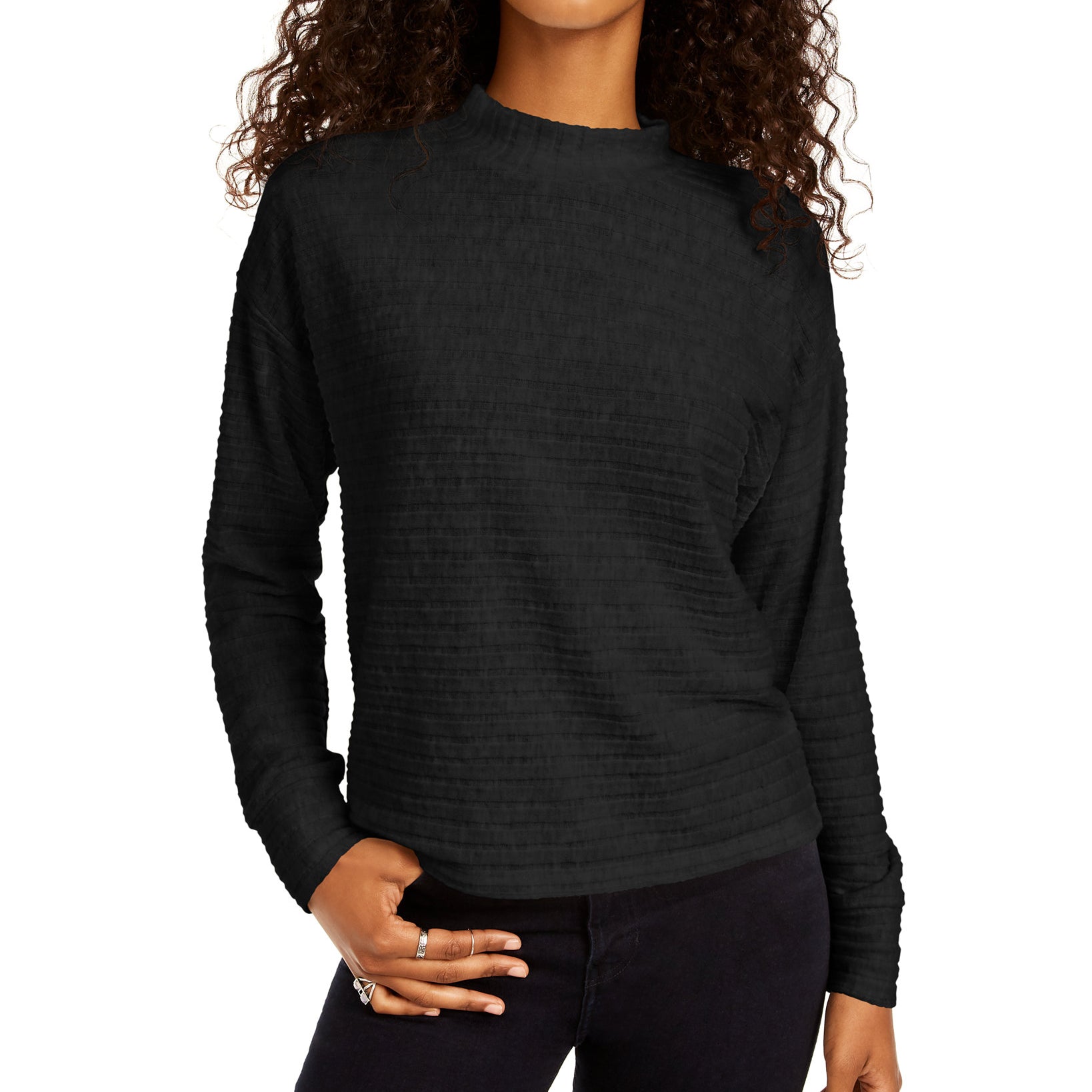 Hippie Rose Women Cozy Mock Neck Ribbed Top Black