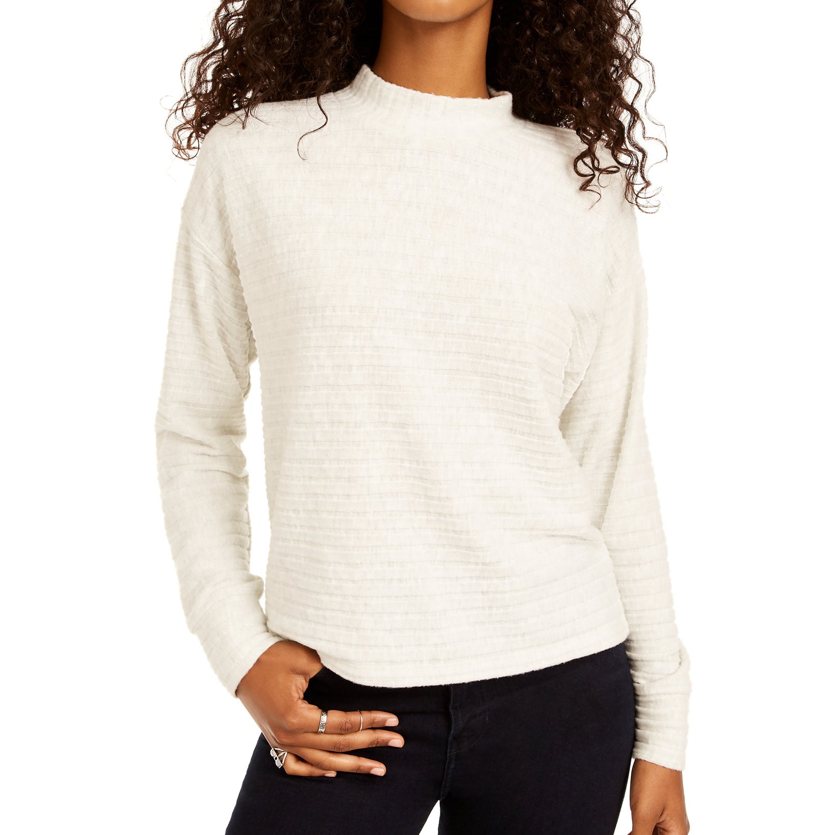 Hippie Rose Women Cozy Mock Neck Ribbed Top White Grey