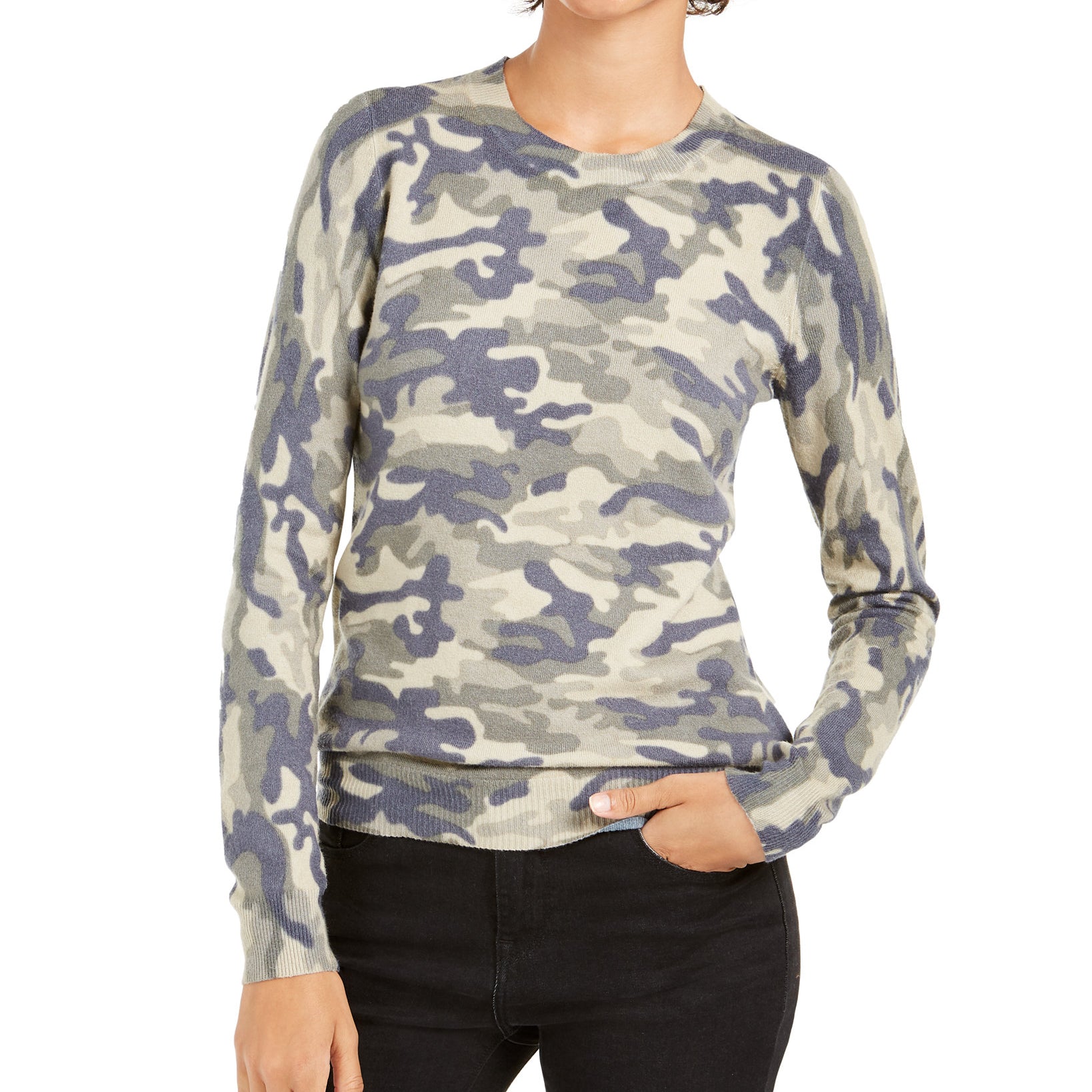 Planet Gold Women Camo Crew Neck Sweater Olive Camo