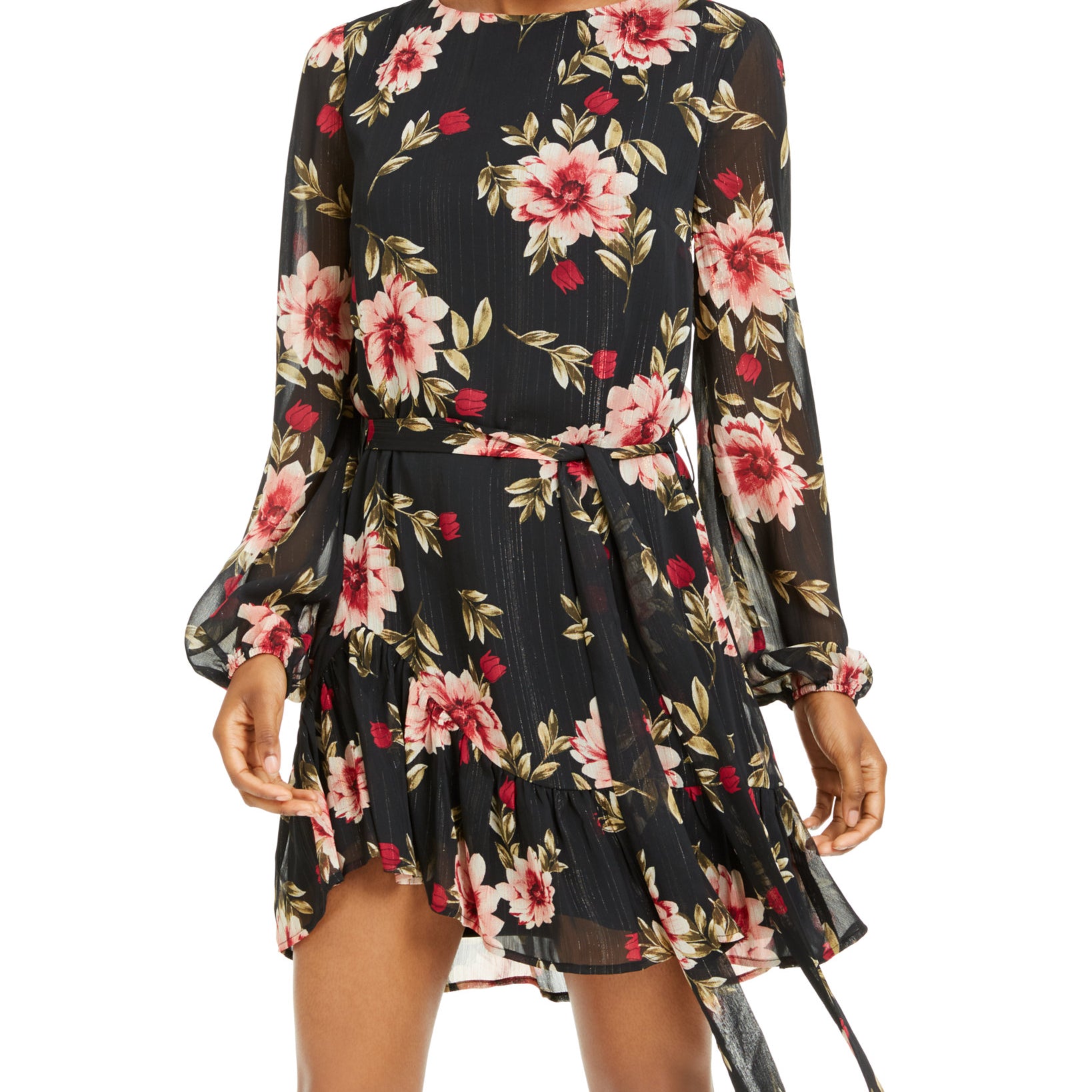 City Studios Women Metallic Floral Print Chiffon Dress Black Wine