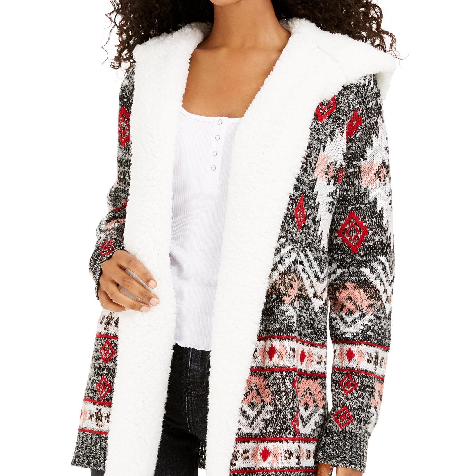 Crave Fame Women Sherpa Trim Cardigan Patterned Black