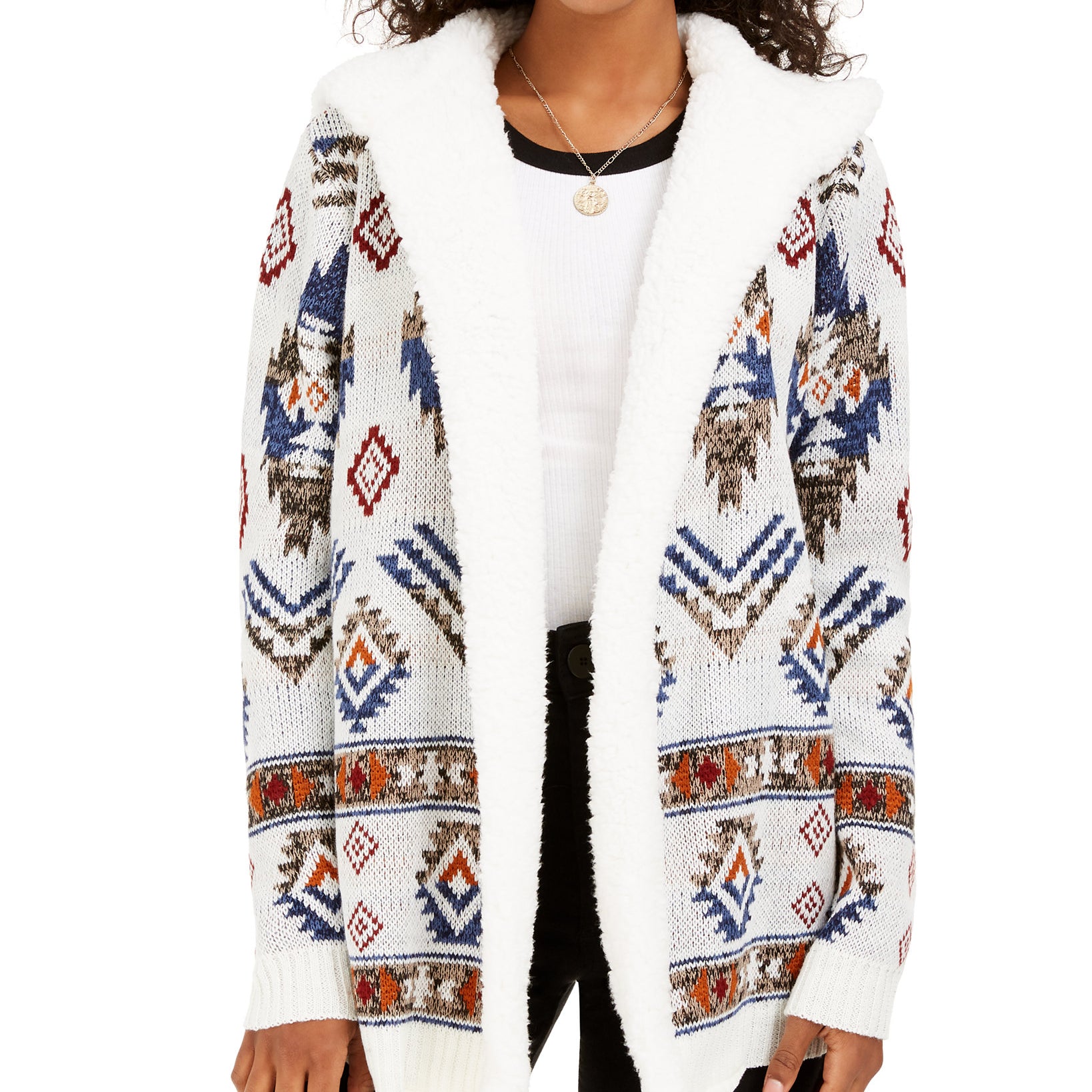 Crave Fame Women Sherpa Trim Cardigan Patterned Ivory