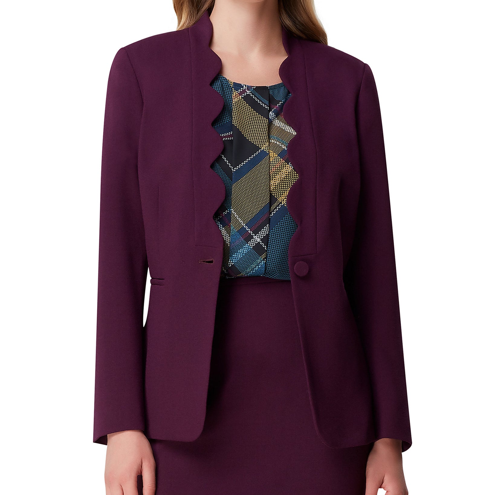 Tahari ASL Women Petite Scalloped Edge Blazer Eggplant