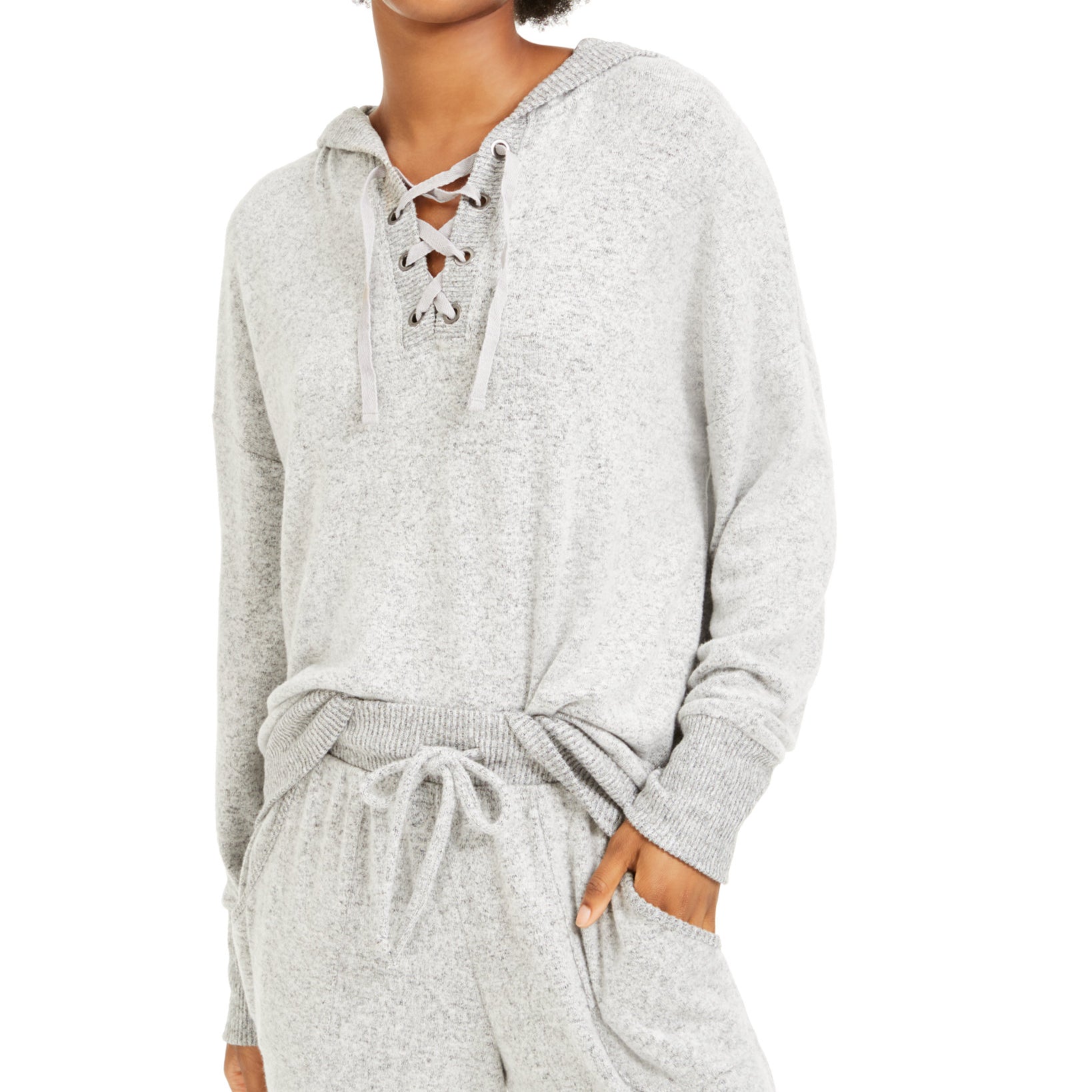 Hippie Rose Women Cozy Lace Up Hoodie Light Grey
